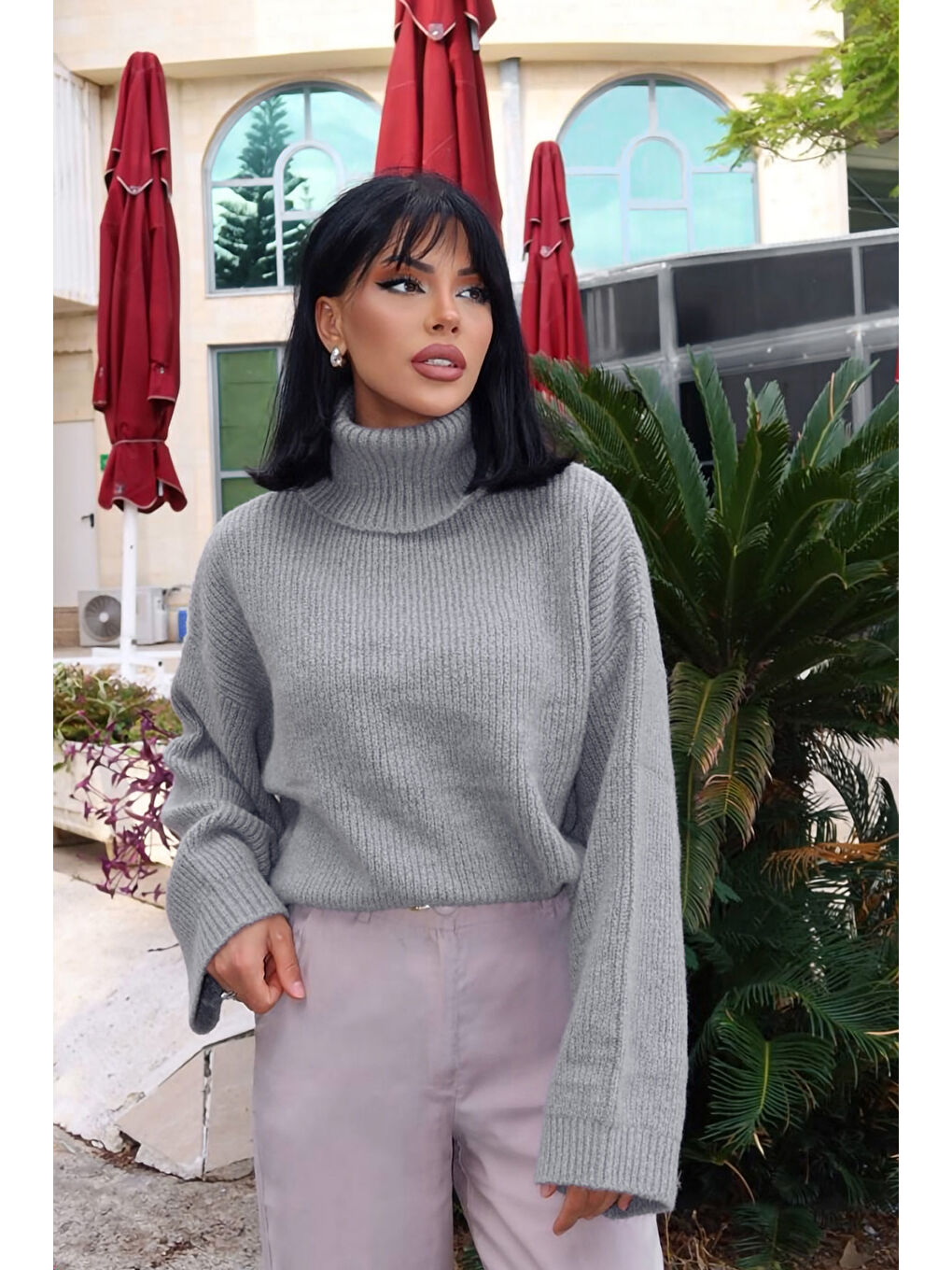 Gri Geniş Kollu Boğazlı Triko Kazak NC-118-1