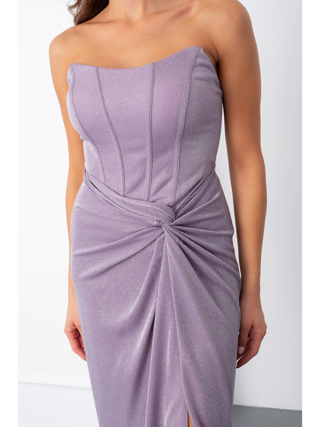 Pembe Kadın Pudra Straplez Simli Örme Abiye Elbise-3