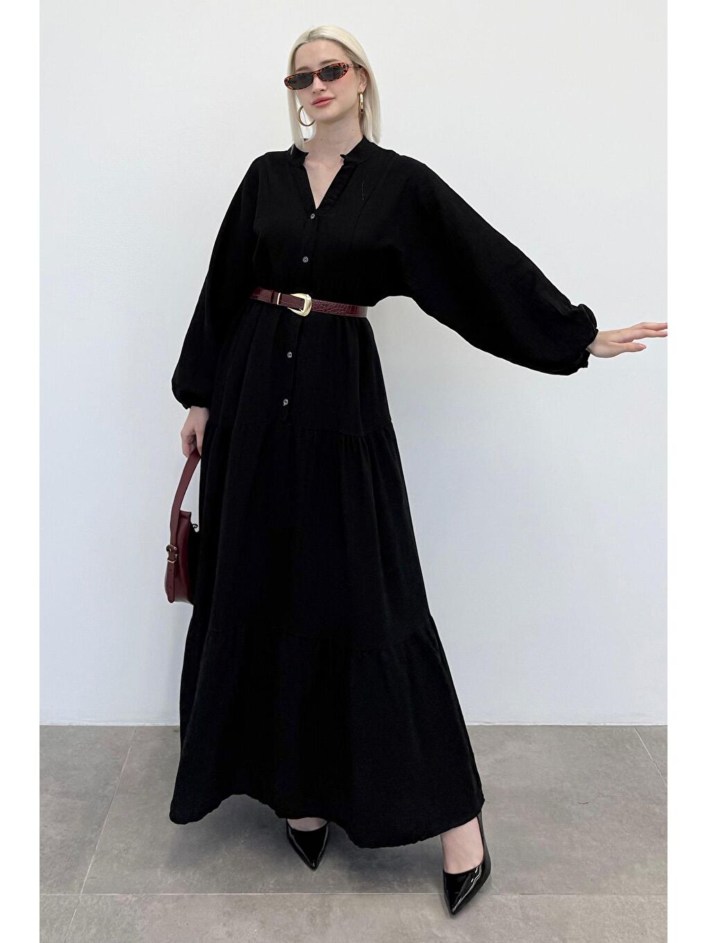 Siyah Uzun Kollu Düğmeli Elbise Mg2433-1