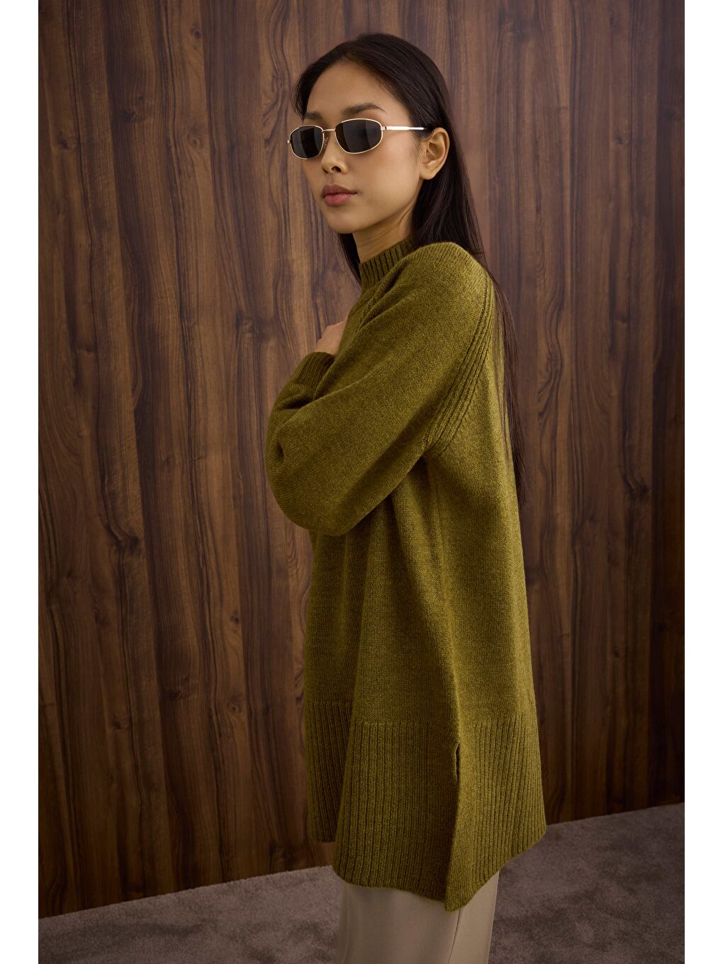 Yeşil Balıkçı Yaka Basic Kazak Yosun-2