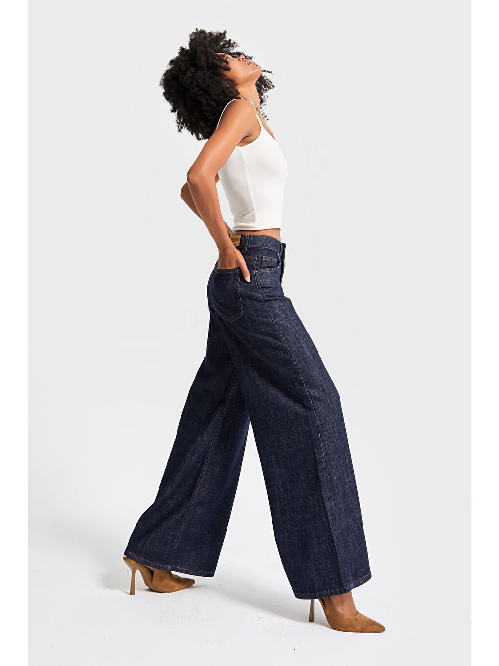 Kadın İndigo Renk 7w5-50 Palazzo Fit %100 Pamuk Dökümlü Kumaş Denim Jean-3