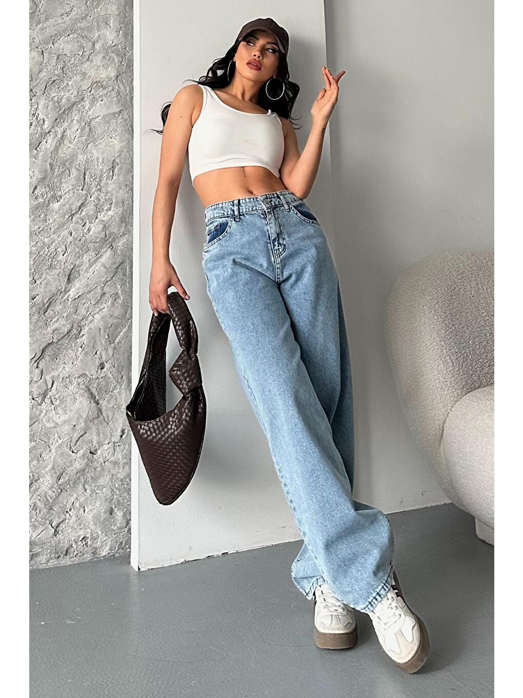 Kar Yıkamalı Baggy Jean Pantolon Mavi - 27269-3