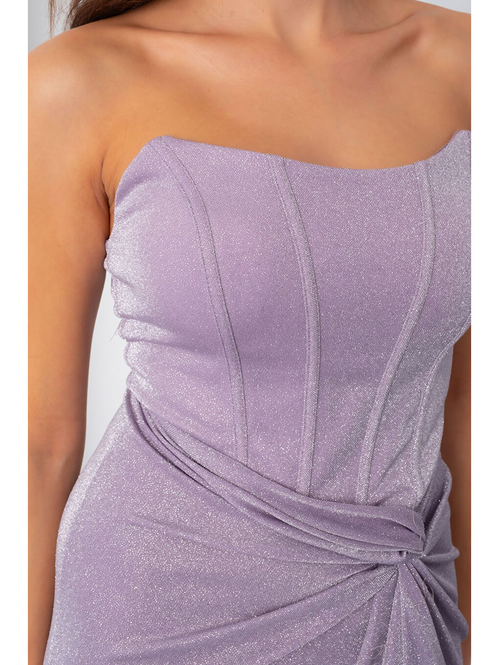 Pembe Kadın Pudra Straplez Simli Örme Abiye Elbise-4