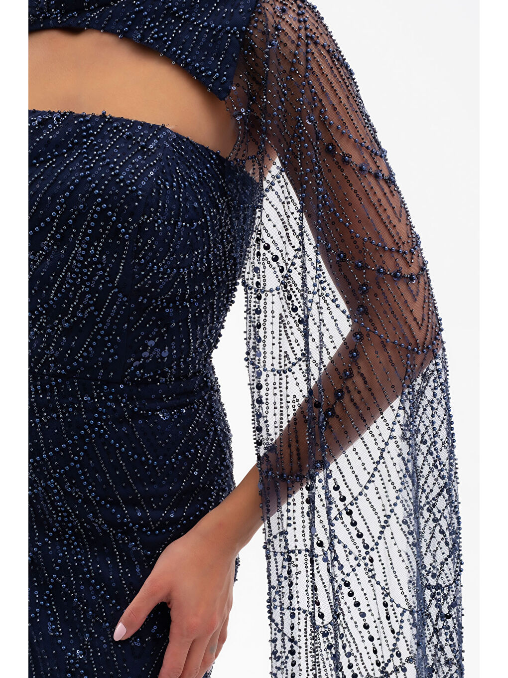 Kadın Lacivert Şallı Uzun Kol Dik Yaka Boncuklu Abiye-3