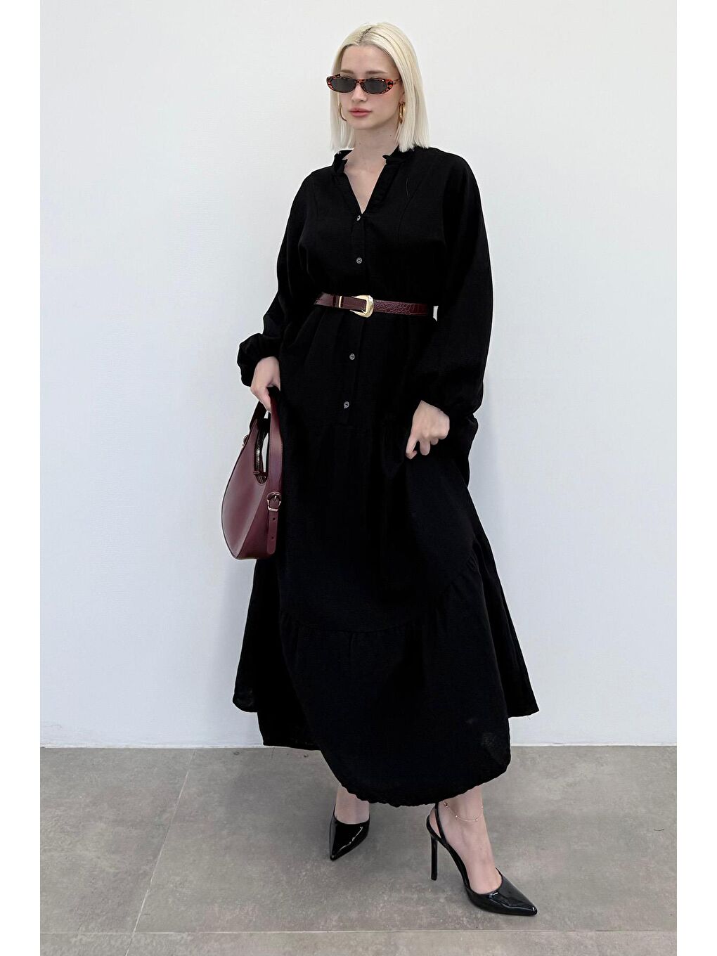 Siyah Uzun Kollu Düğmeli Elbise Mg2433-2