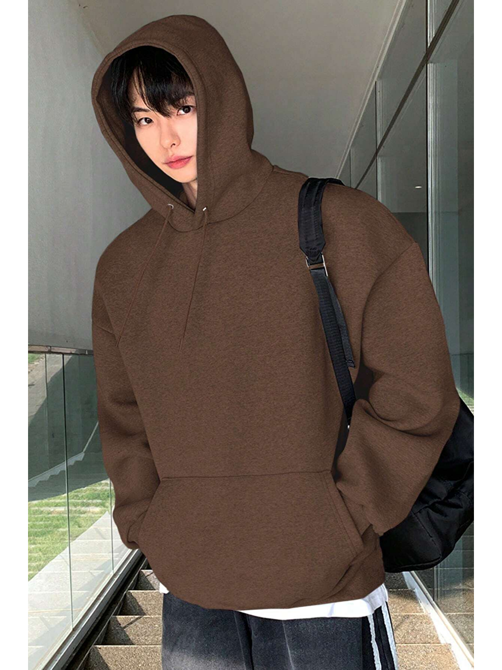 Kahverengi Erkek Sweatshirt Kanguru Cepli İçi Polarlı 3 İplik Kapüşonlu Oversize Sweatshirt KANGU-1