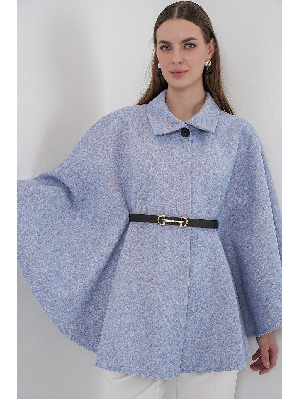 Kadın Kemerli Kaşe Panço 9170 - Mavi