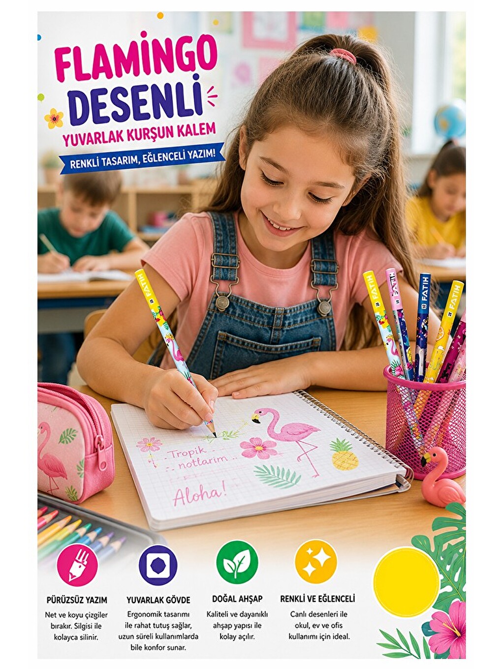 Flamingo Kurşun Kalem 4 Adet Yuvarlak Gövdeli Siyah Kurşun Kalem 2b Yumuşak Yazım Kolay Tutuş-2