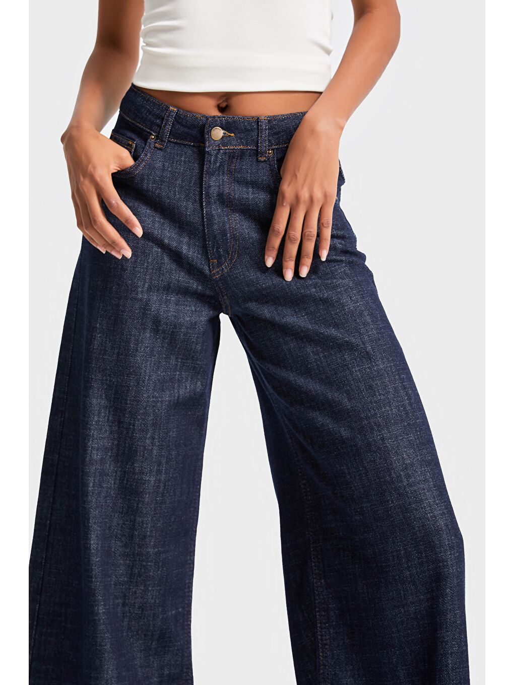 Kadın İndigo Renk 7w5-50 Palazzo Fit %100 Pamuk Dökümlü Kumaş Denim Jean-4