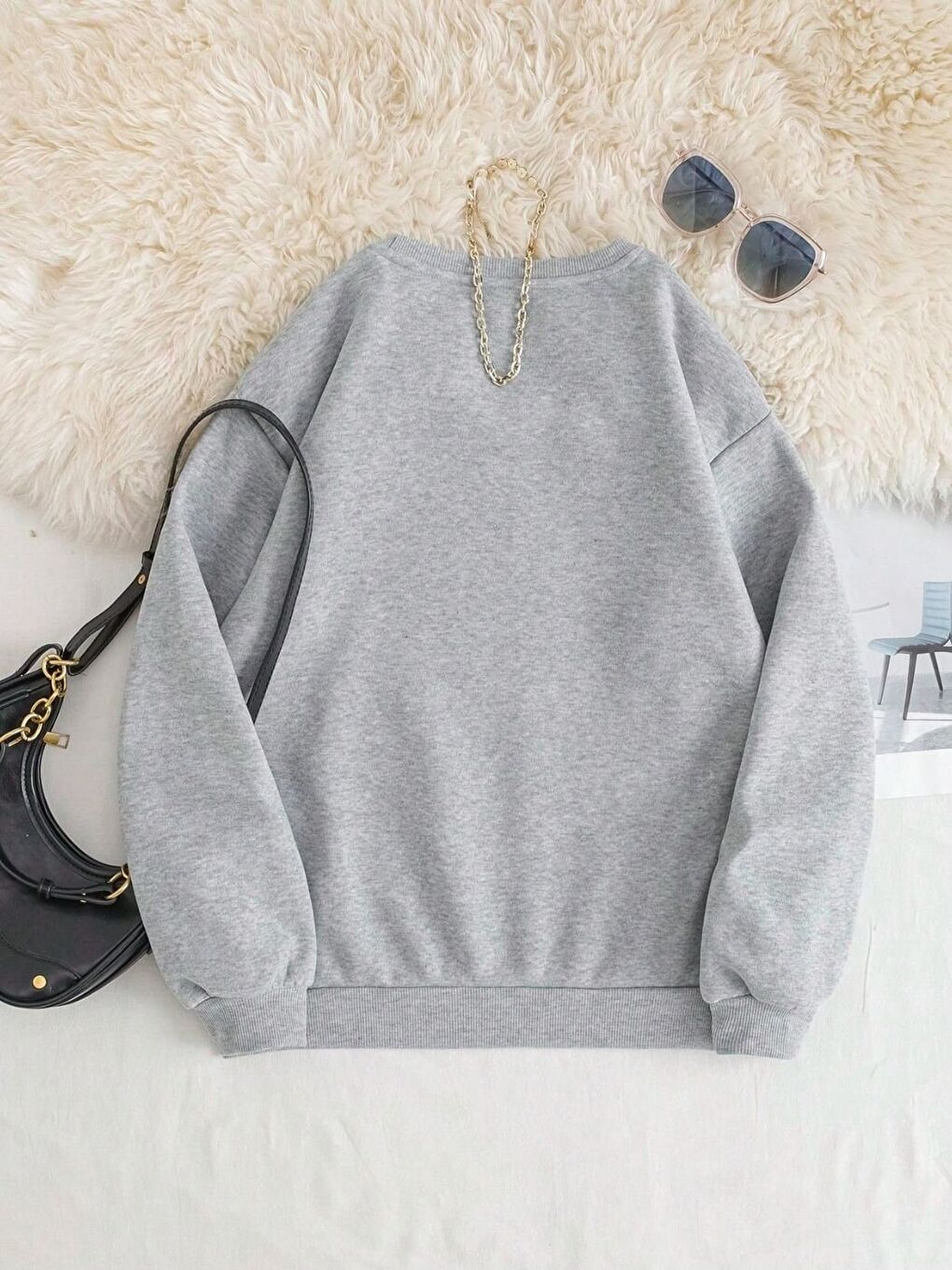 Kadın Gri Lion Baskılı Bisiklet Yaka Oversize Sweatshirt-1