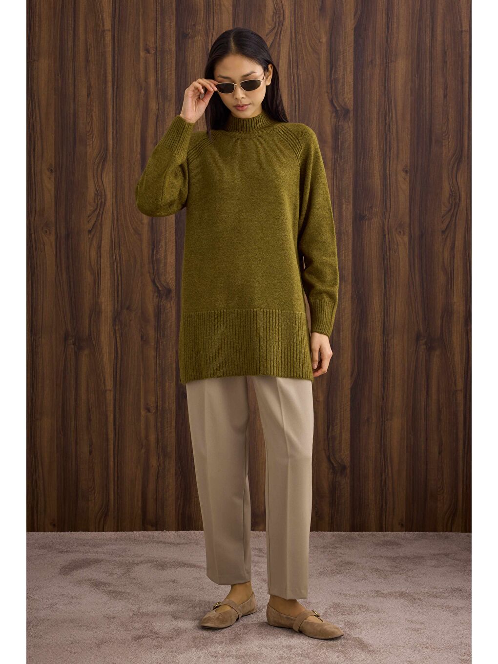 Yeşil Balıkçı Yaka Basic Kazak Yosun-3