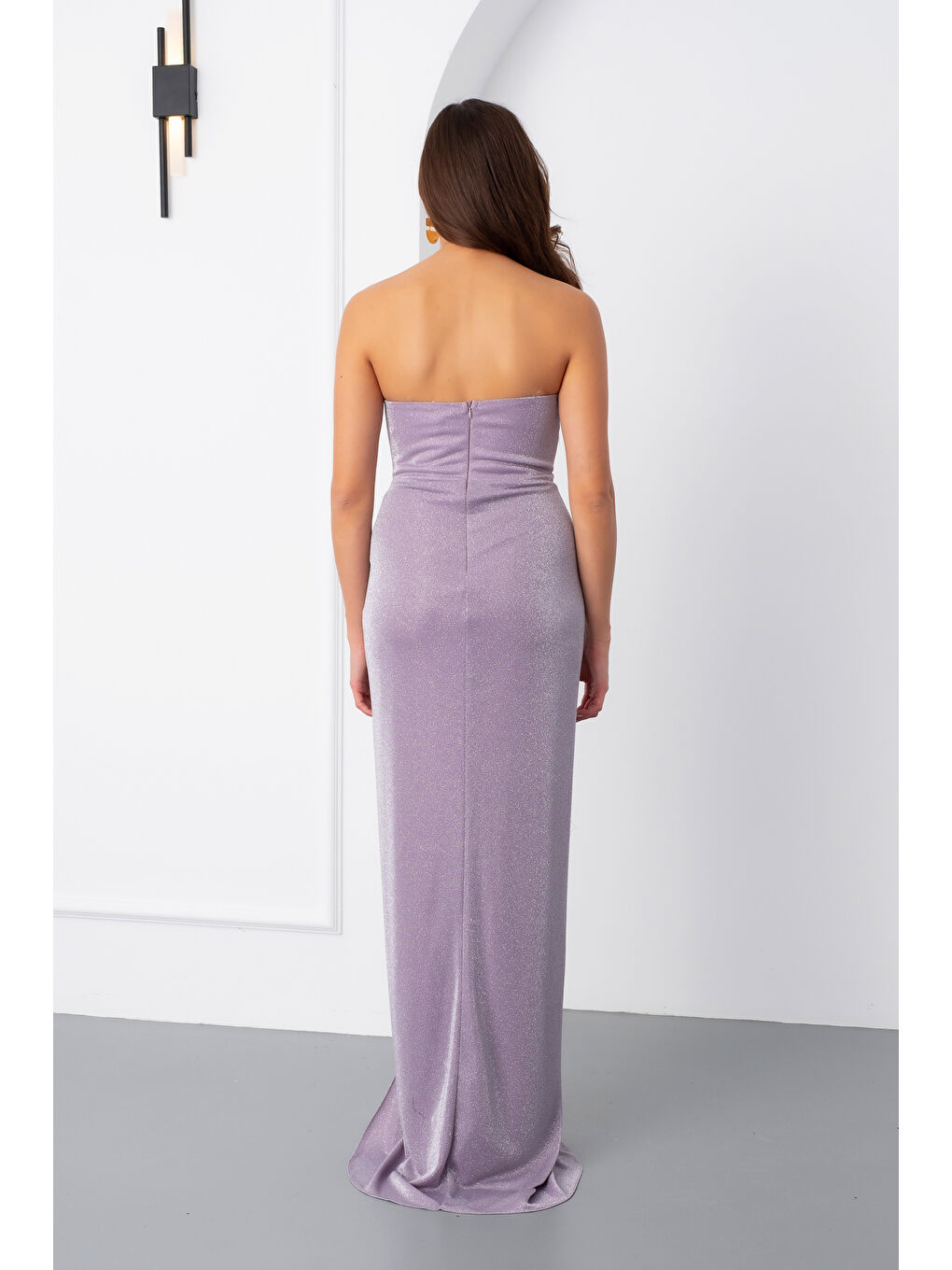 Pembe Kadın Pudra Straplez Simli Örme Abiye Elbise-5