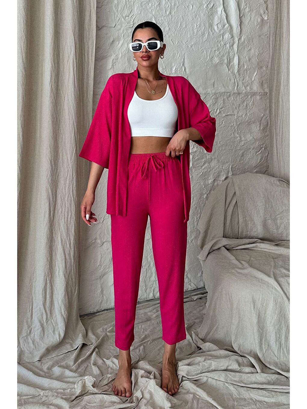 Kadın Fuşya Pembe Kimono Alt Üst Havuç Pantolon Takım