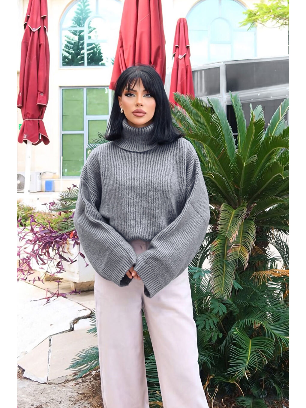 Gri Geniş Kollu Boğazlı Triko Kazak NC-118-2