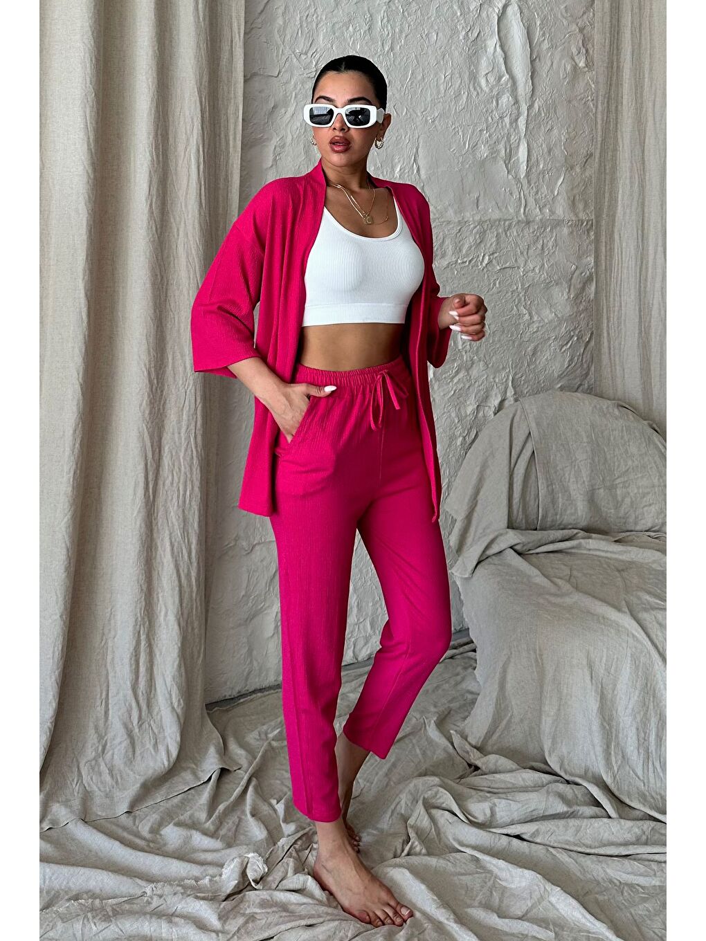 Kadın Fuşya Pembe Kimono Alt Üst Havuç Pantolon Takım-1