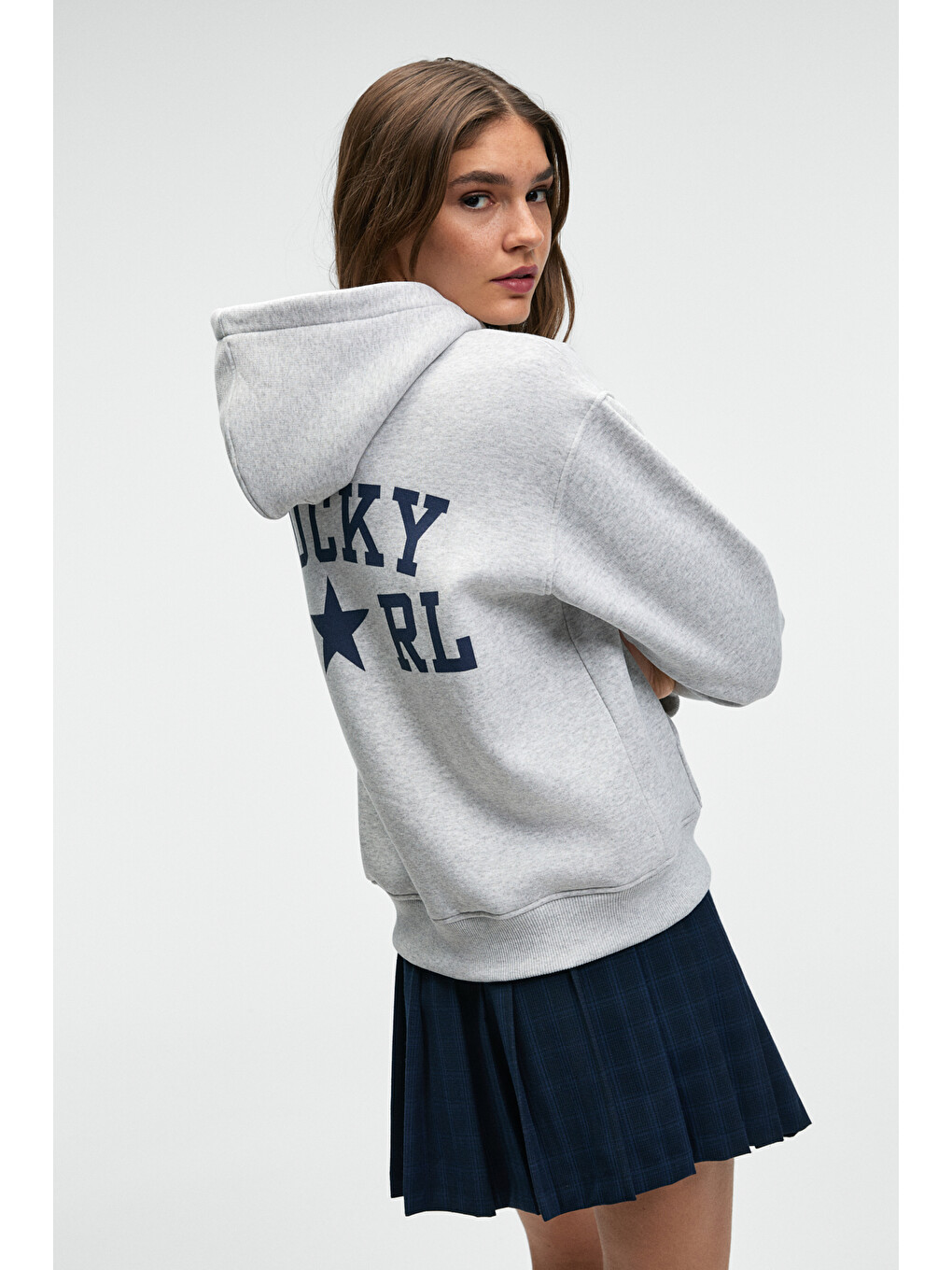 Yumea Kadın Oversize Kapüşonlu Baskılı Gri Melanj Sweatshirt-2