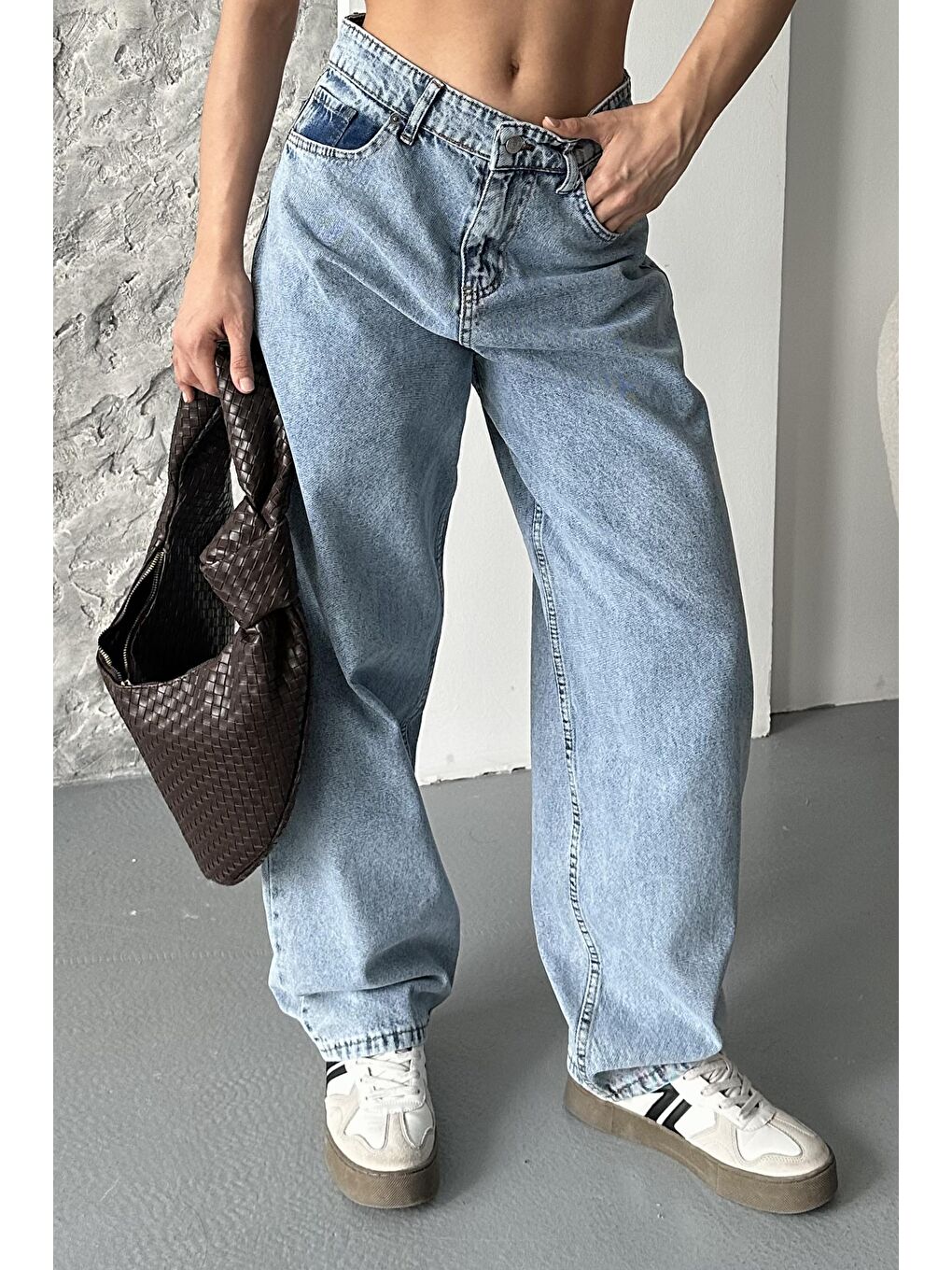 Kar Yıkamalı Baggy Jean Pantolon Mavi - 27269-4