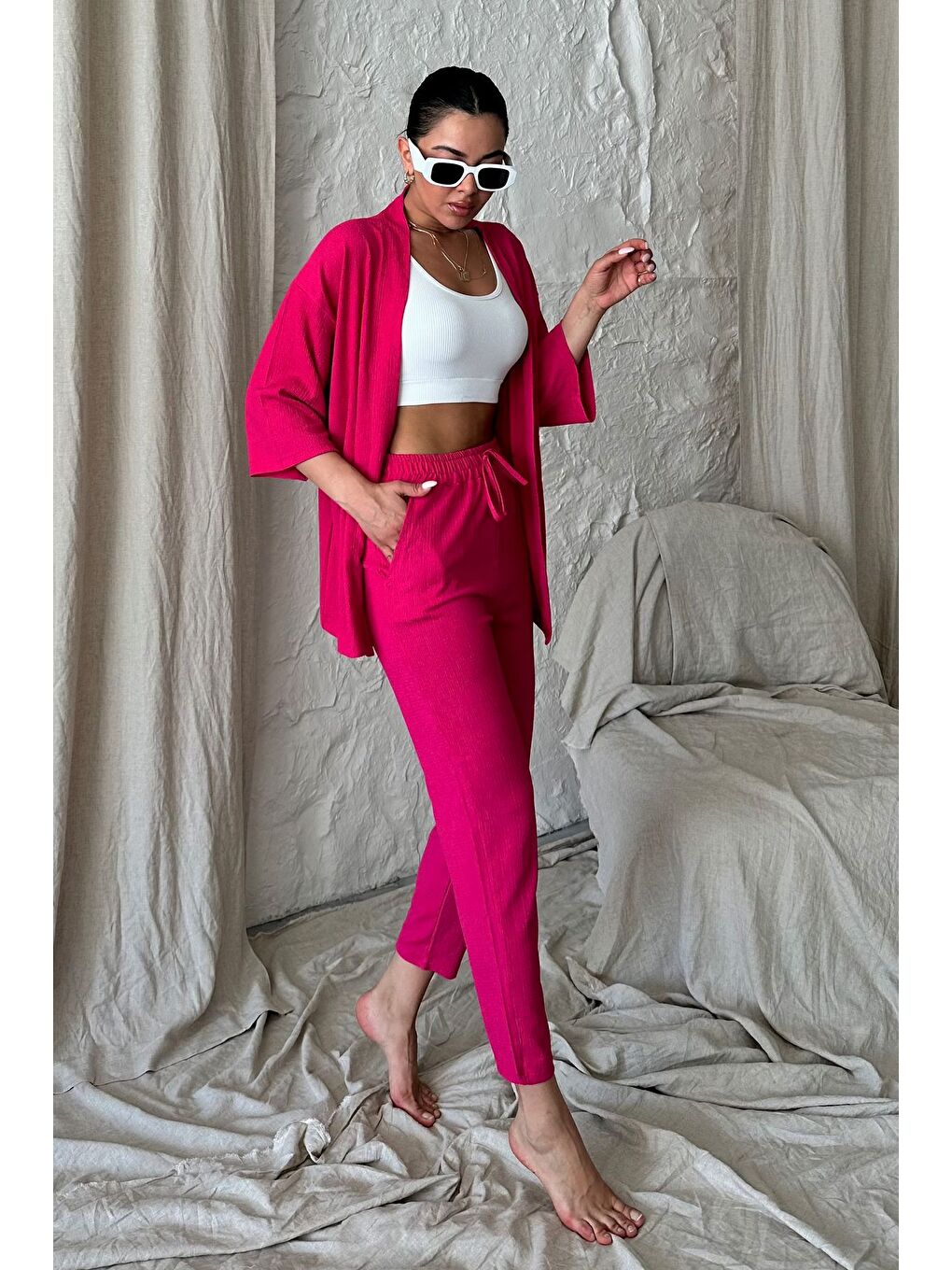 Kadın Fuşya Pembe Kimono Alt Üst Havuç Pantolon Takım-2