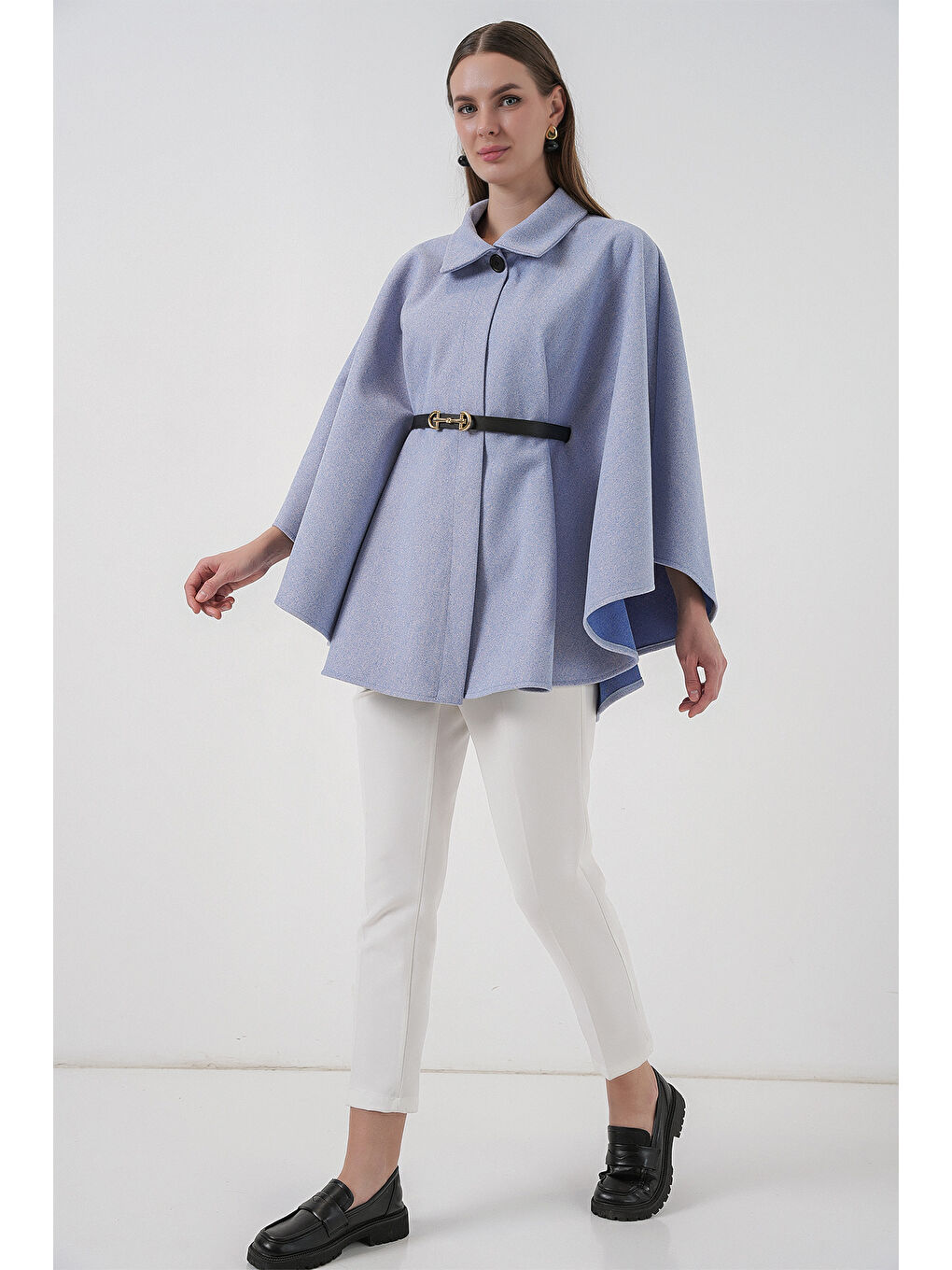 Kadın Kemerli Kaşe Panço 9170 - Mavi-1