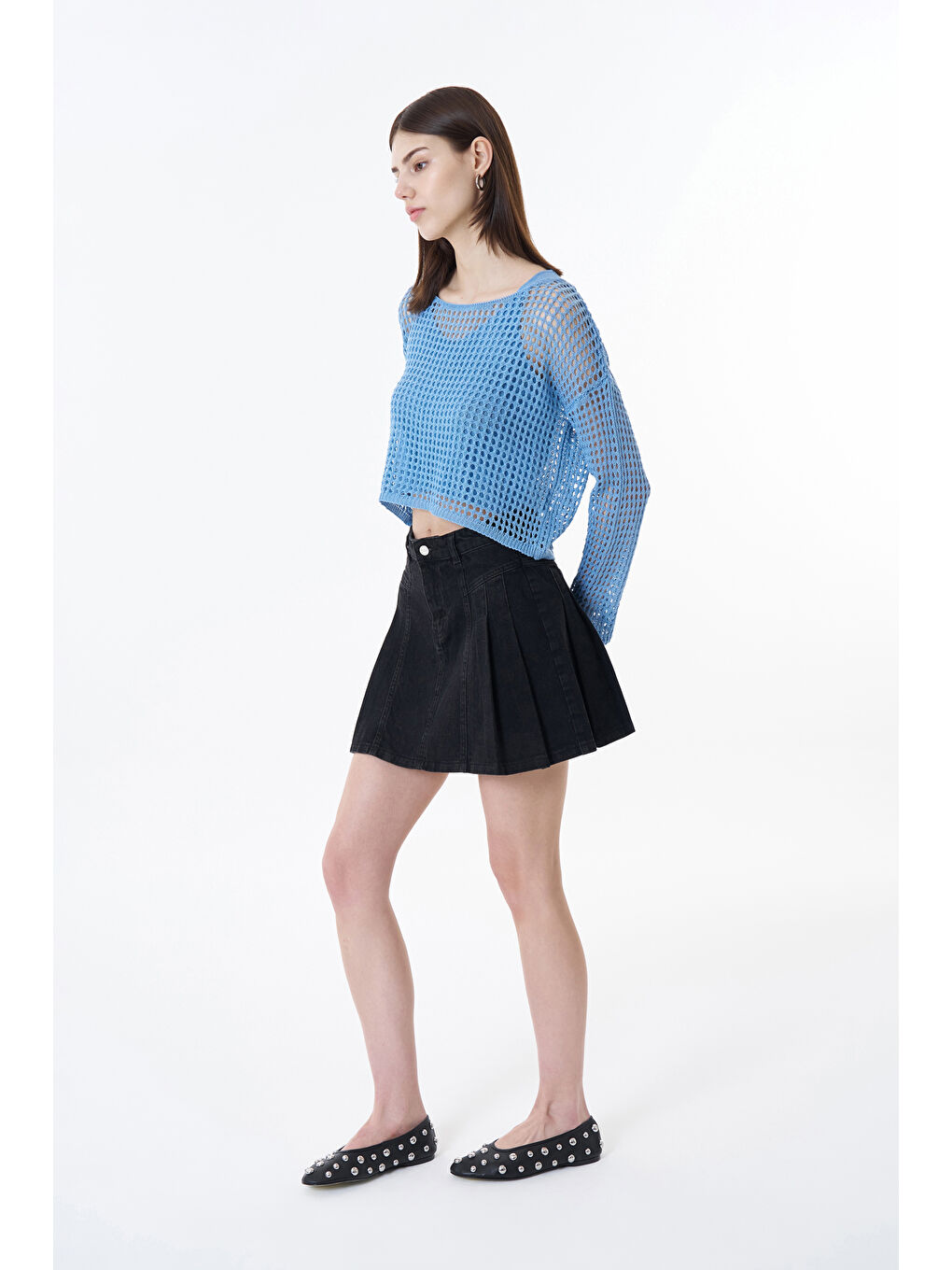 QUZU Pile Detaylı Mini Jean Etek Antrasit - 2