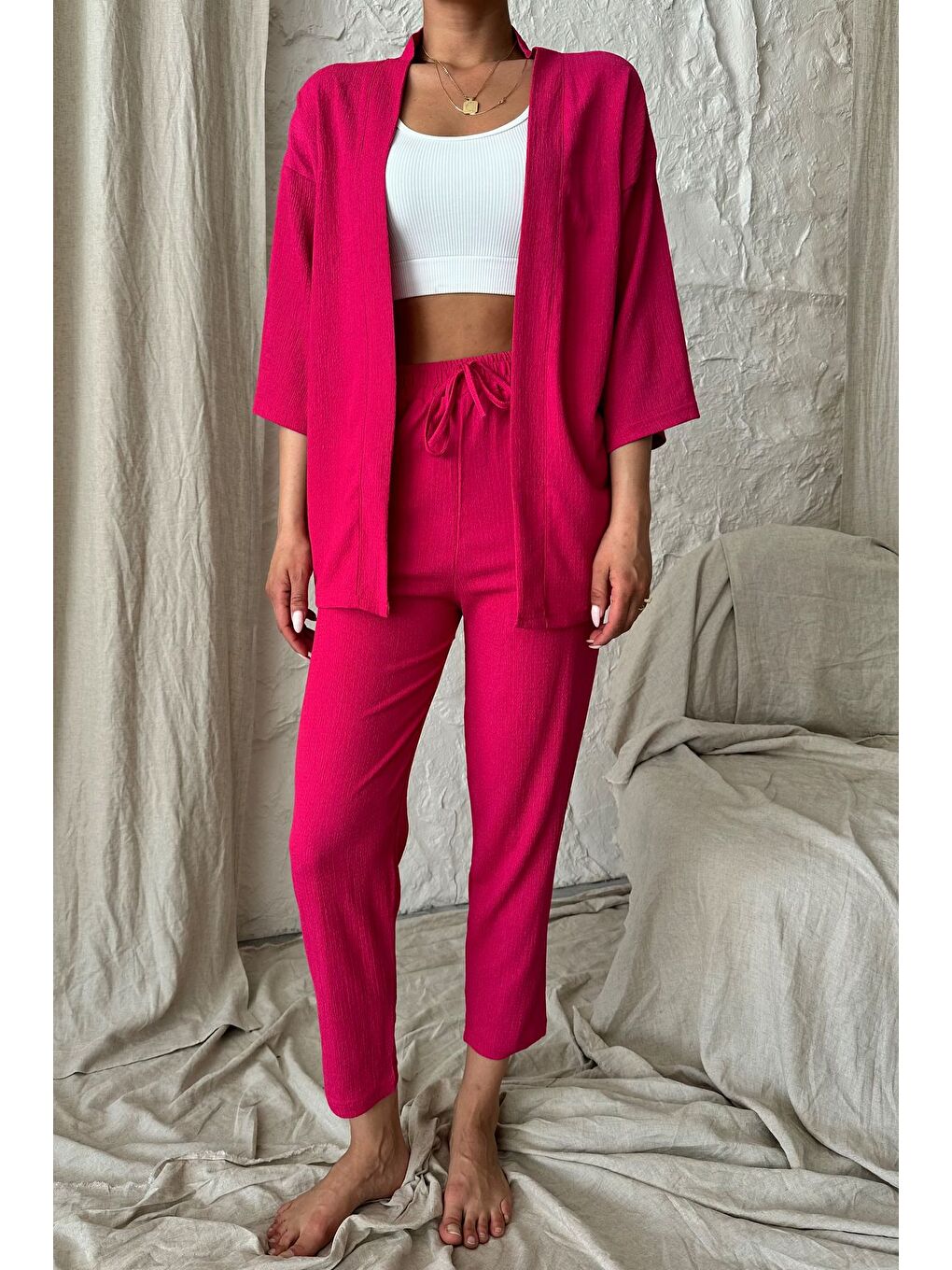Kadın Fuşya Pembe Kimono Alt Üst Havuç Pantolon Takım-3