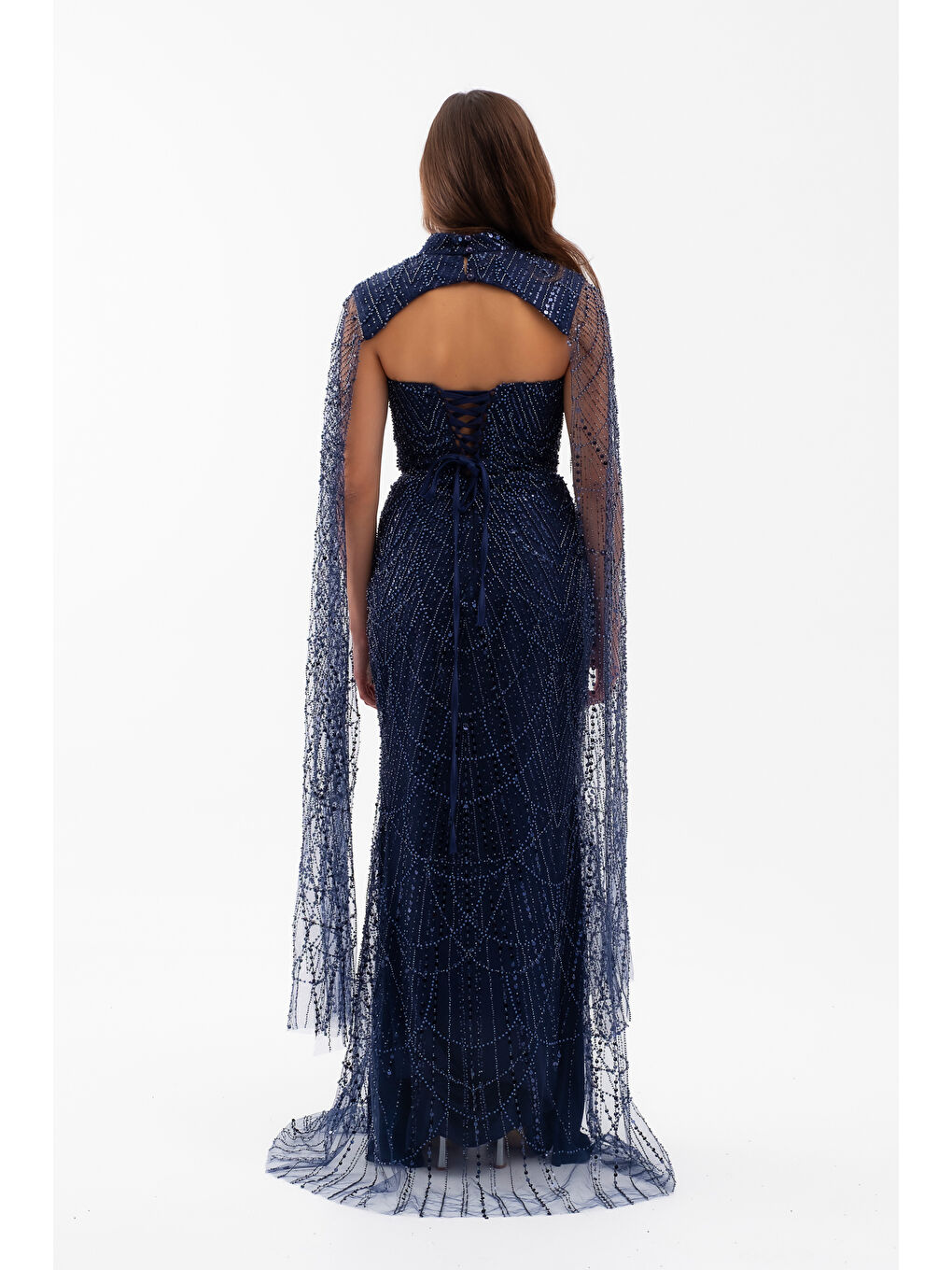 Kadın Lacivert Şallı Uzun Kol Dik Yaka Boncuklu Abiye-5