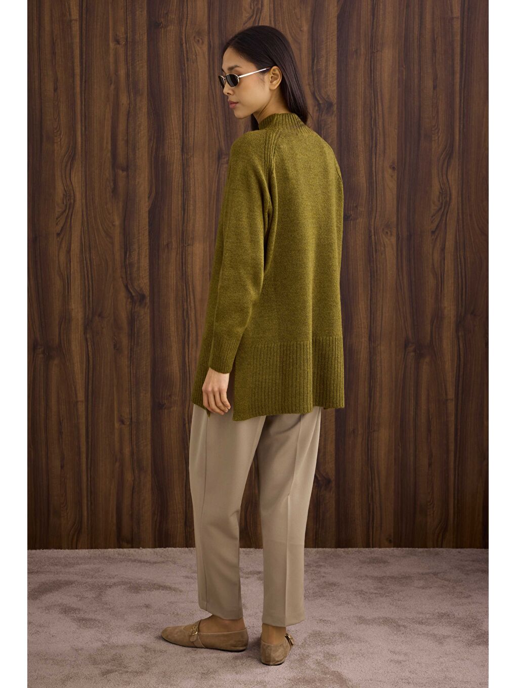 Yeşil Balıkçı Yaka Basic Kazak Yosun-4