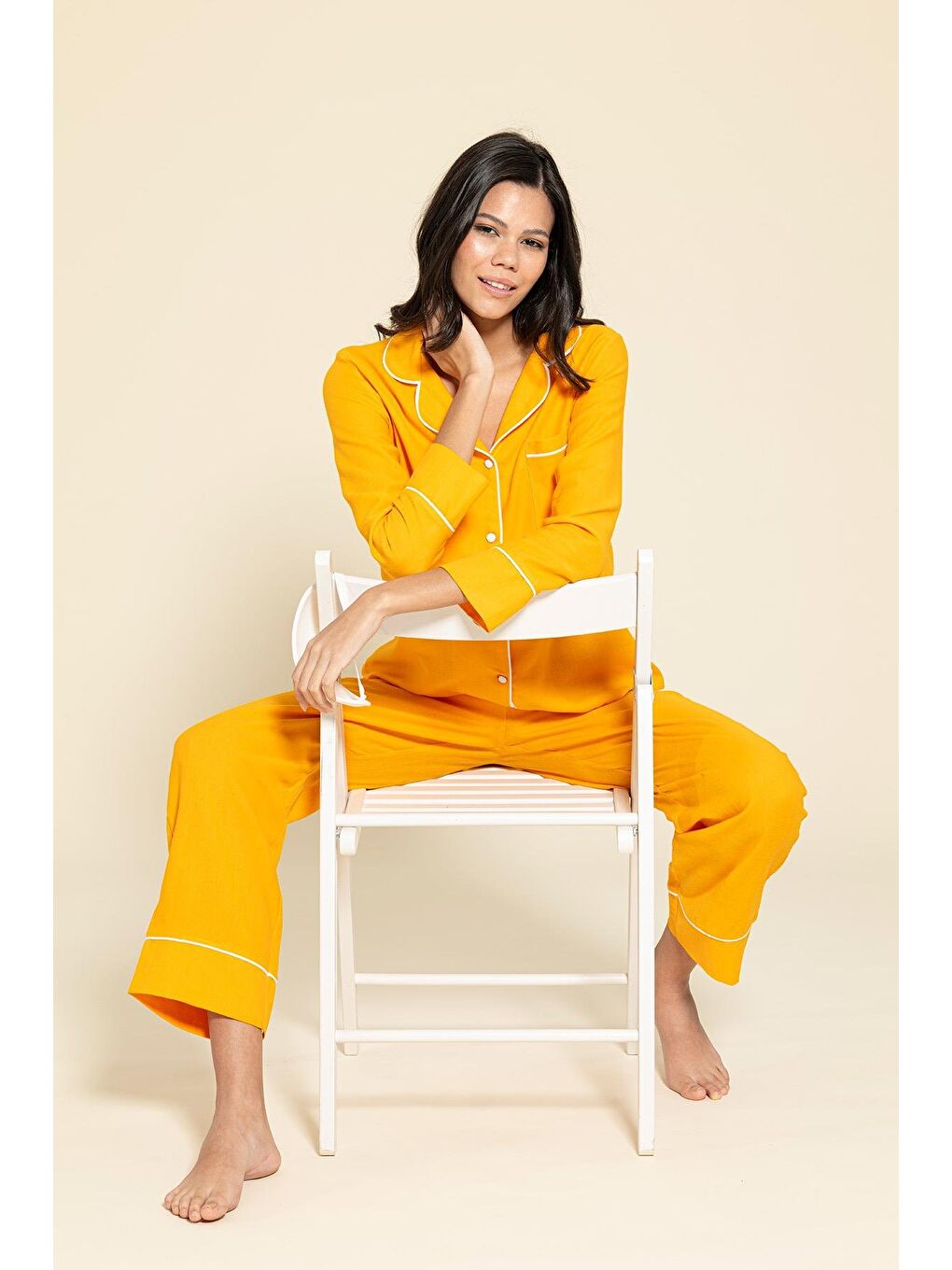 For You Moda 3'Lü Organik Beyaz Biyeli Turuncu Pijama Takımı - 1