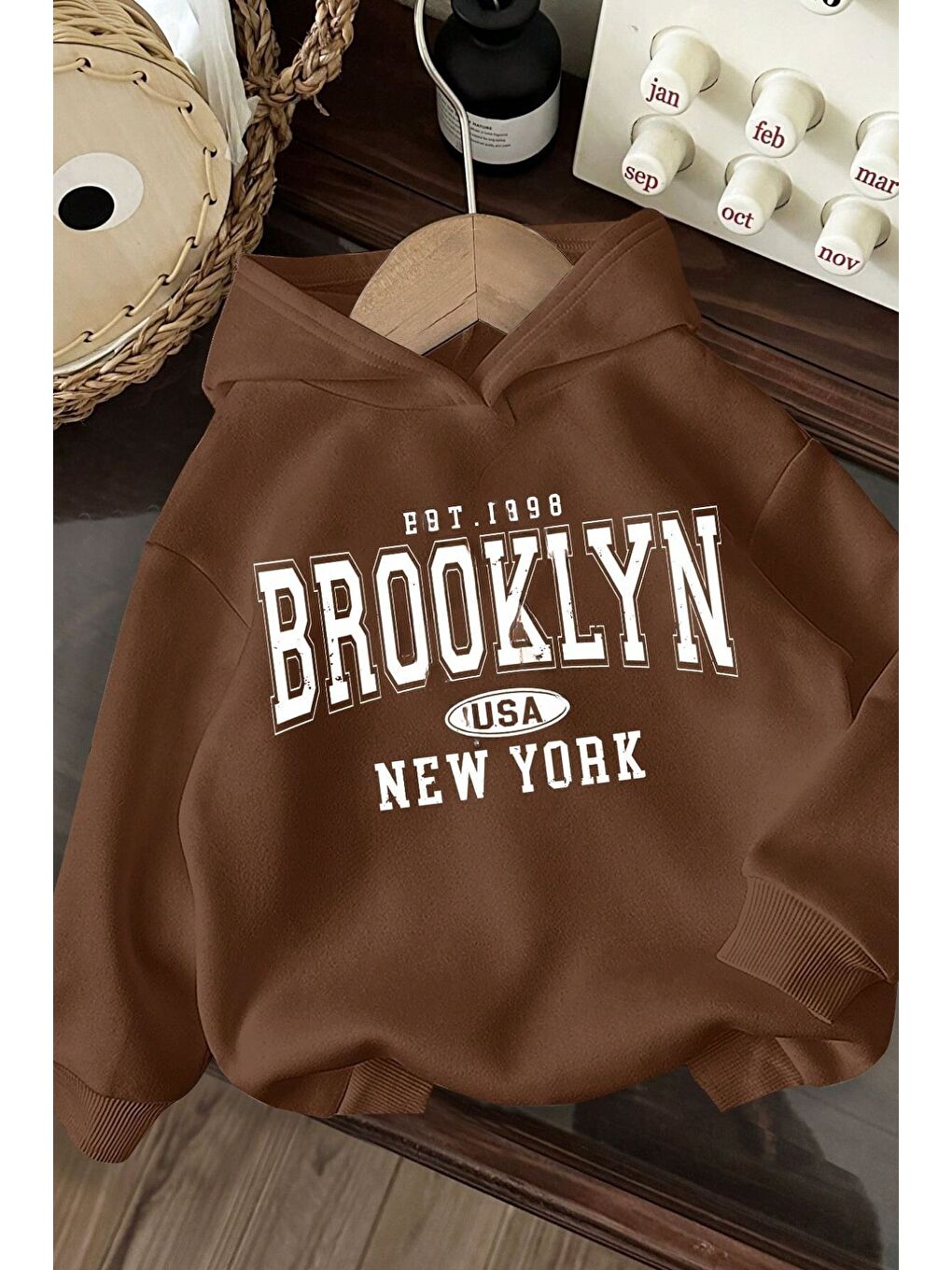 Trendseninle Unisex Kahverengi Oversize Brooklyn Usa Newyork Baskılı Kapüşonlu Sweatshirt Hoodie