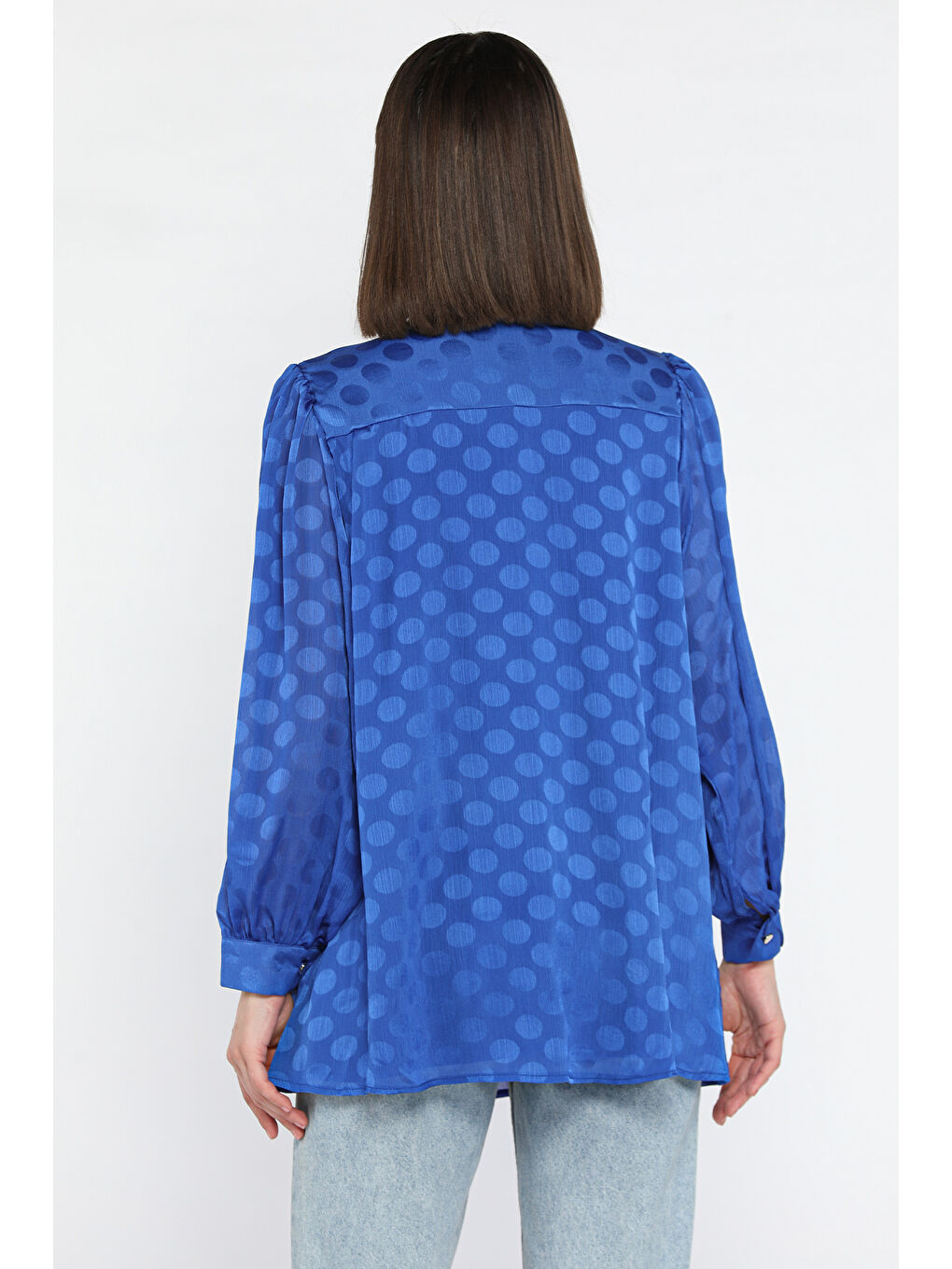 Mavi Ön Pile Detaylı Kravat Yaka Puanlı Kadın Astarlı Bluz-2