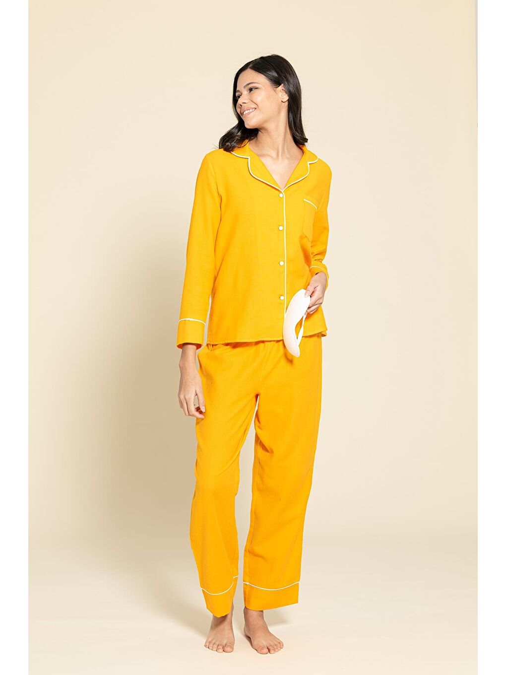 For You Moda 3'Lü Organik Beyaz Biyeli Turuncu Pijama Takımı - 3