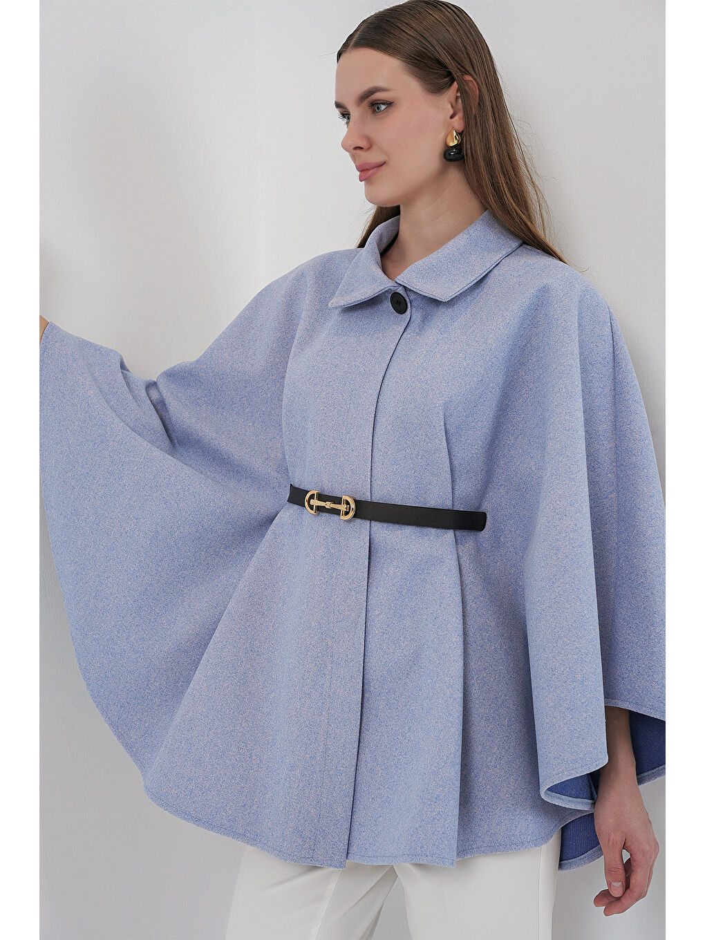 Kadın Kemerli Kaşe Panço 9170 - Mavi-2