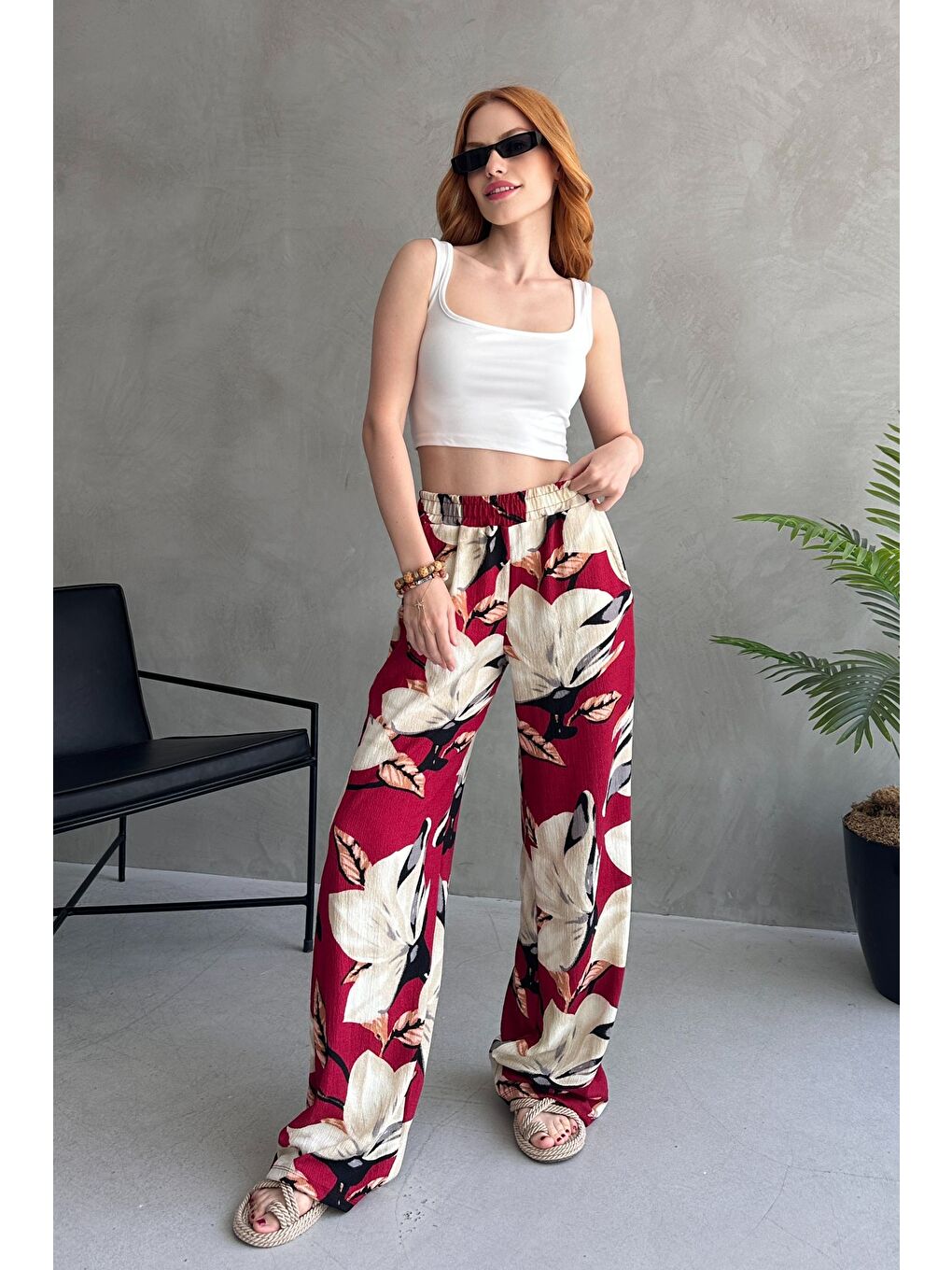 Çiçek Desenli Bol Pantolon Bordo - 27237