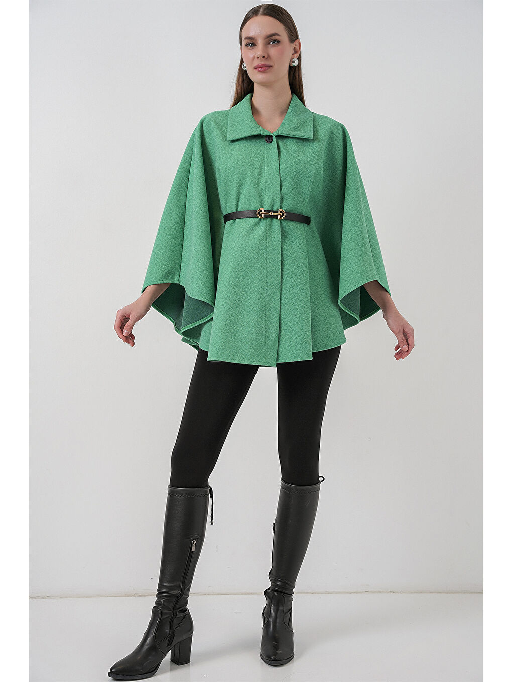 Kadın Kemerli Kaşe Panço 9170 - Yeşil-1