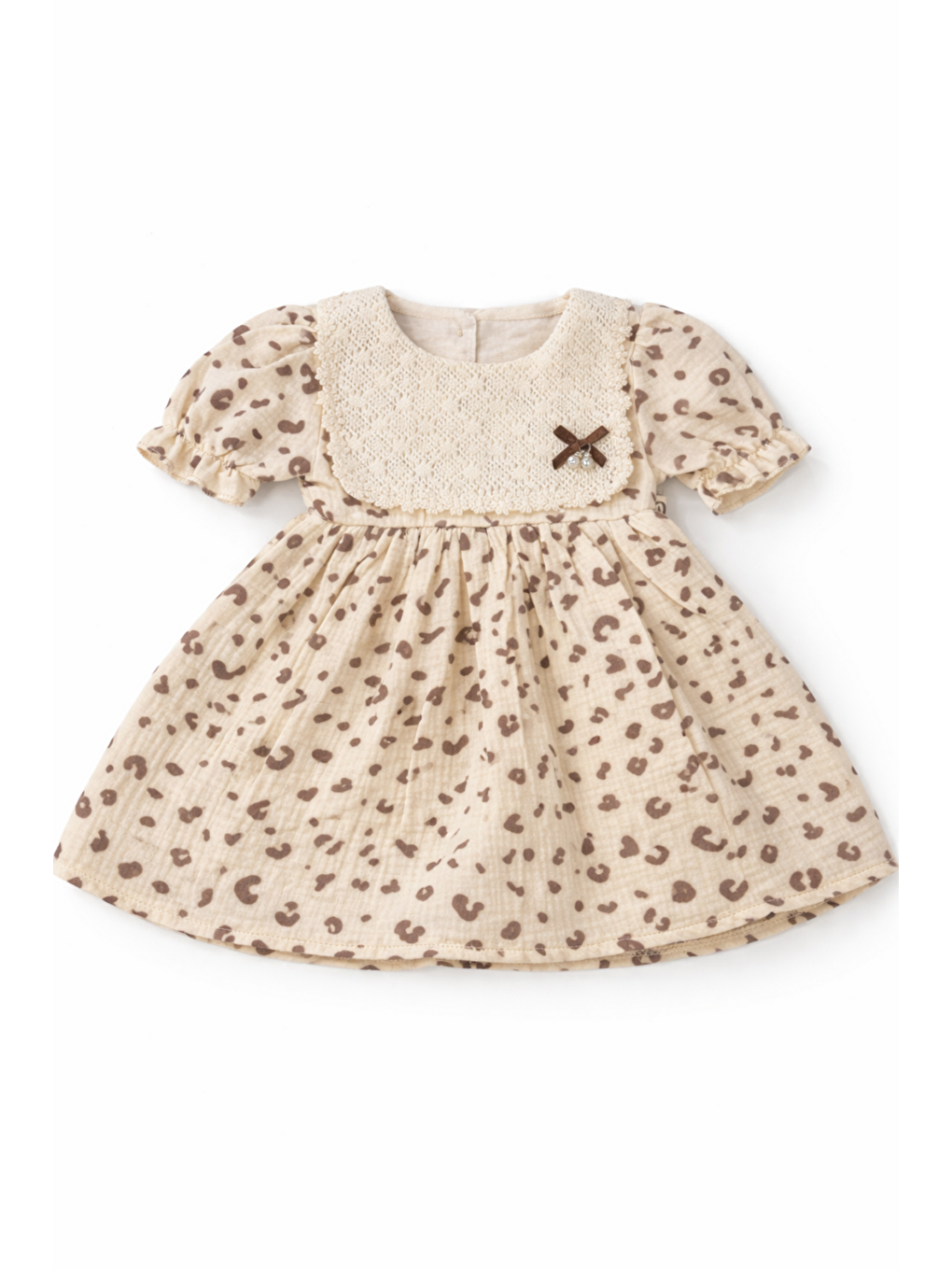 Bej Kız Bebek Müslin Elbise – Leopar Desenli, Dantel Yaka Detaylı, %100 Pamuk Yazlık-1