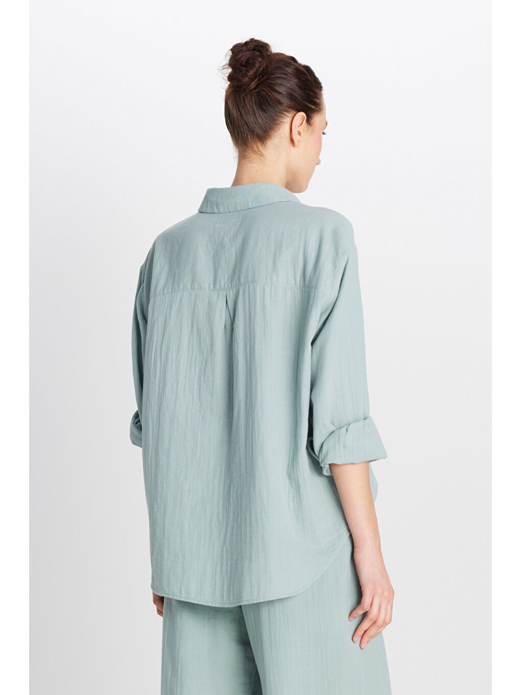 %100 Pamuk Relaxed Fit Geniş Kesim Koyu Yeşil Müslin Gömlek-4