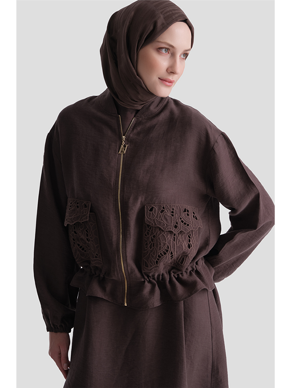 Kahverengi Brode Cepli Keten Karışımlı Takım Kahve-5