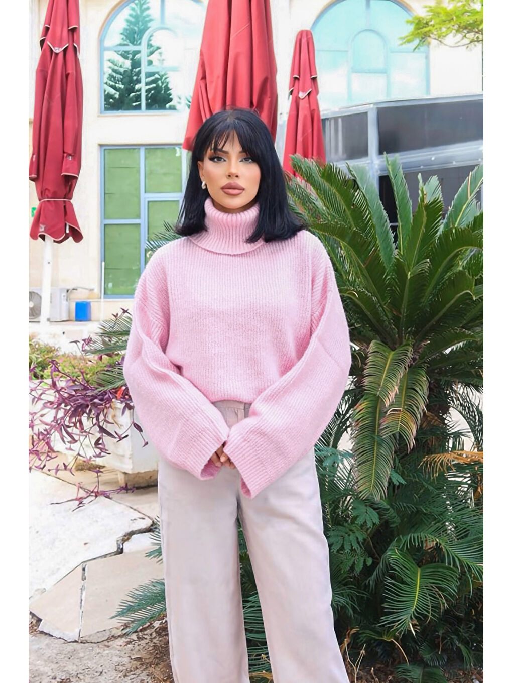 Pembe Geniş Kollu Boğazlı Triko Kazak NC-118-4