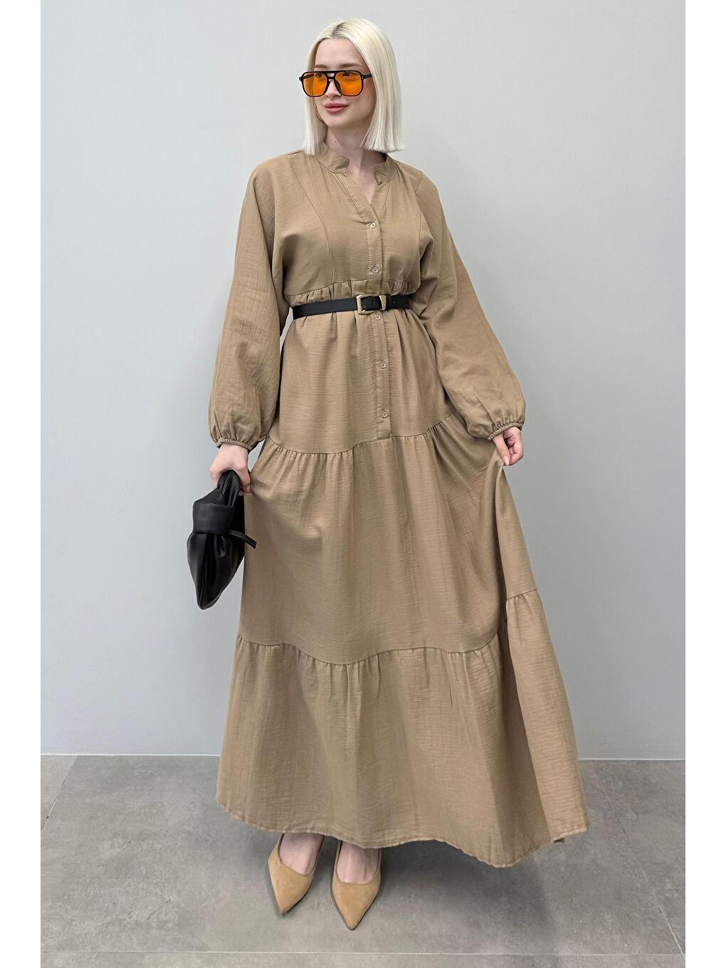 Bej Vizon Uzun Kollu Düğmeli Elbise Mg2433-1