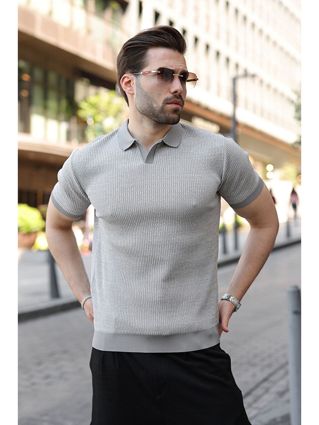Gri Polo Yaka Regular Fit Erkek Triko Tişört E7496-1