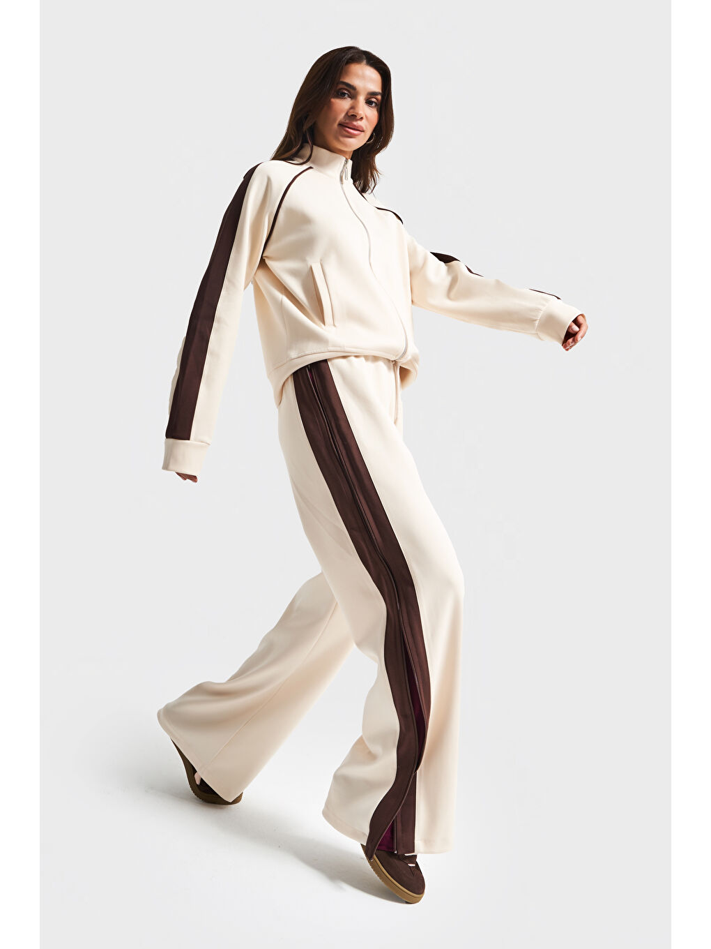 Kadın Ekru Renk w5-101 Örme Kumaş Sweatshirt Polar Alt Eşofman 2'li Kombin Tasarım Takım-1