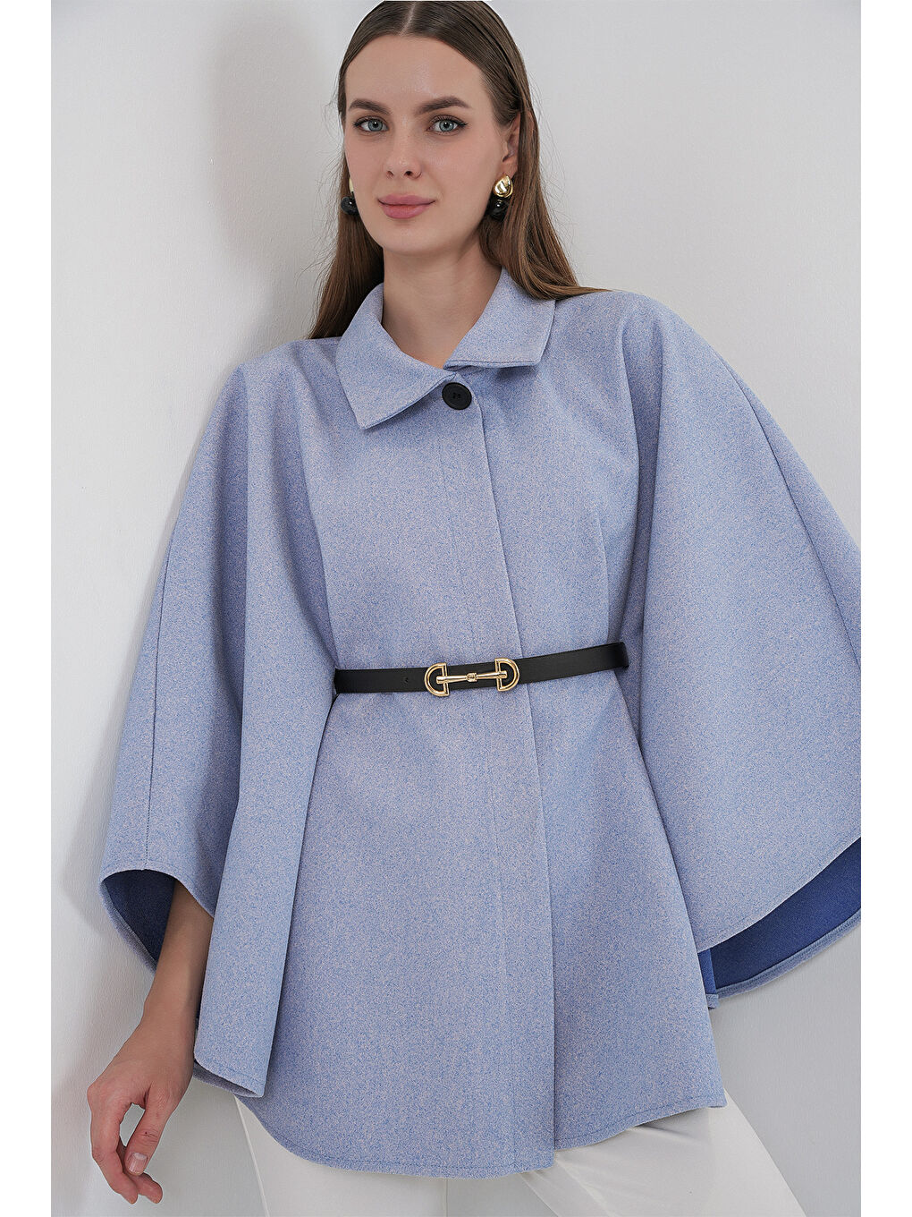 Kadın Kemerli Kaşe Panço 9170 - Mavi-3