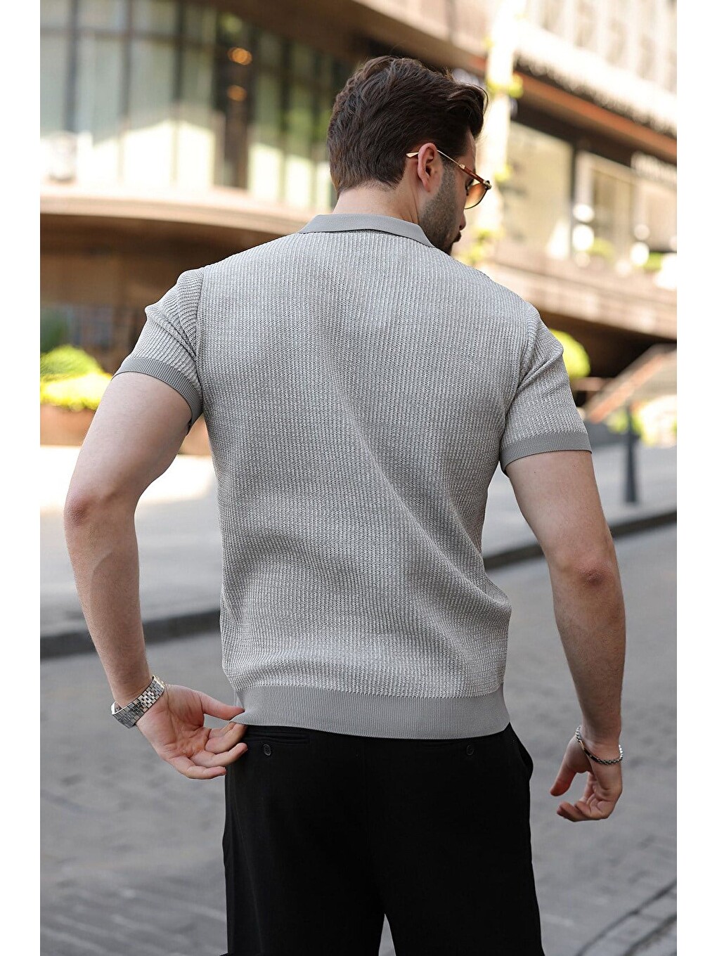 Gri Polo Yaka Regular Fit Erkek Triko Tişört E7496-2