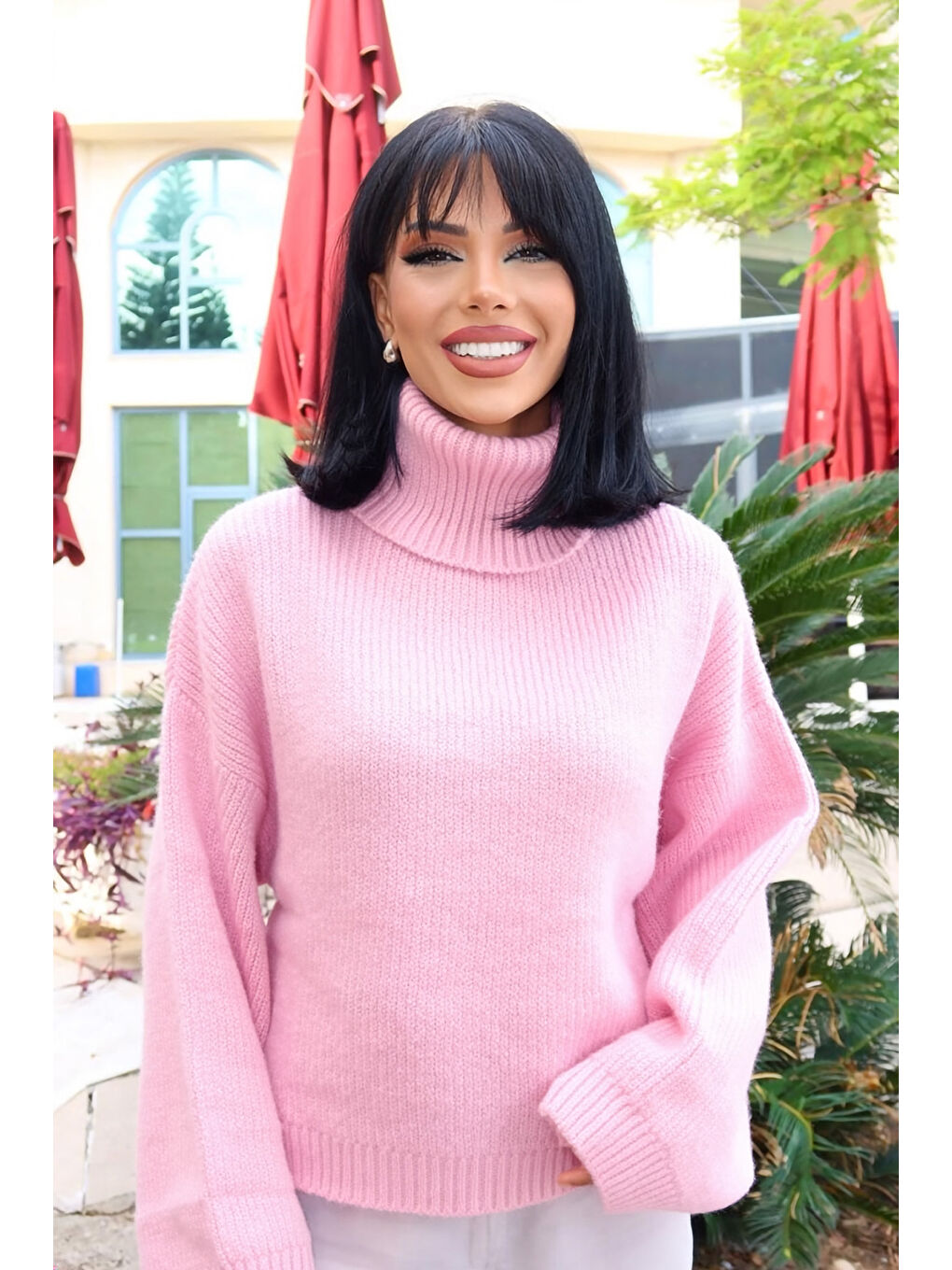 Pembe Geniş Kollu Boğazlı Triko Kazak NC-118-1