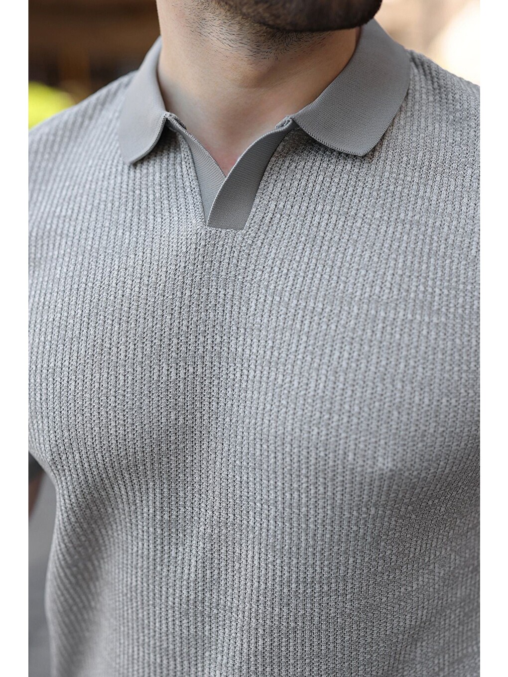 Gri Polo Yaka Regular Fit Erkek Triko Tişört E7496-3