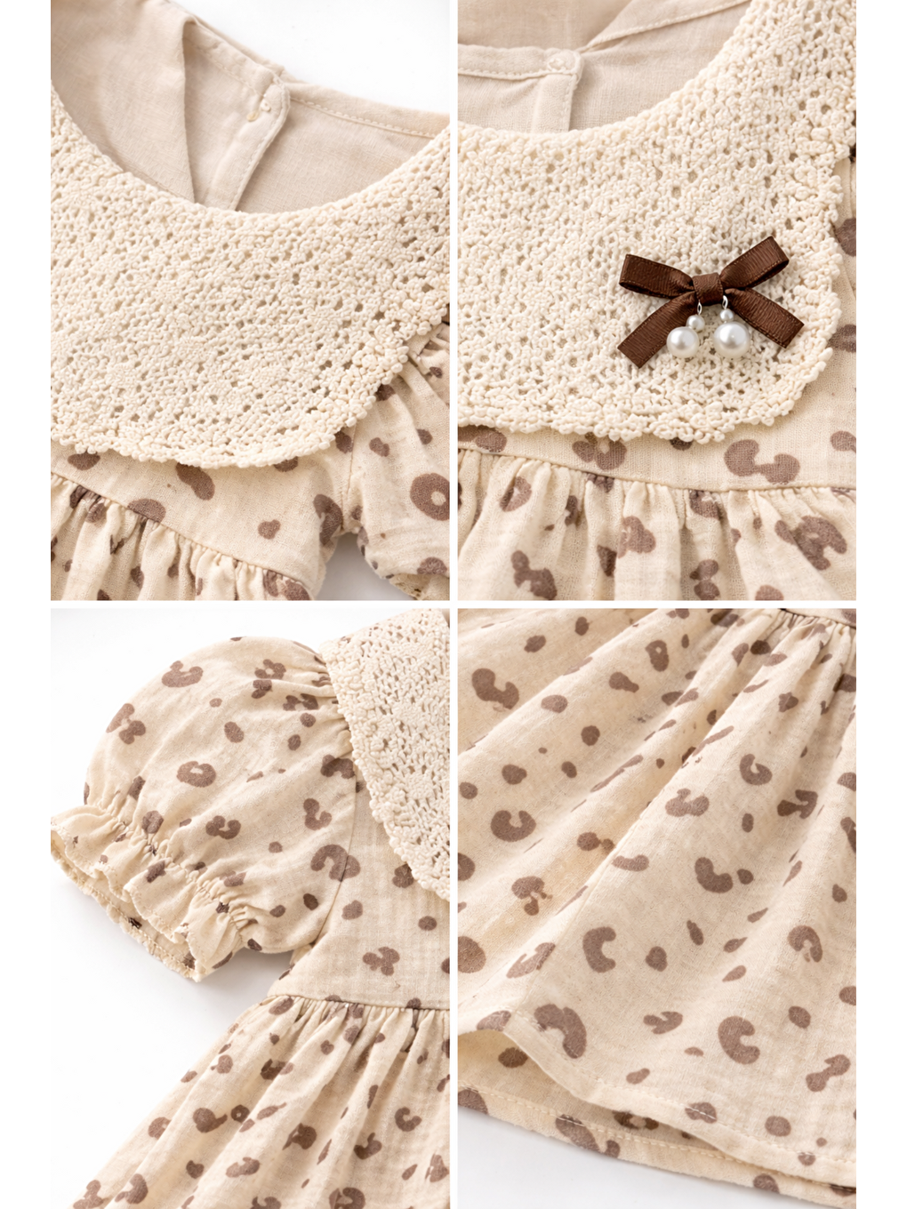 Bej Kız Bebek Müslin Elbise – Leopar Desenli, Dantel Yaka Detaylı, %100 Pamuk Yazlık-2