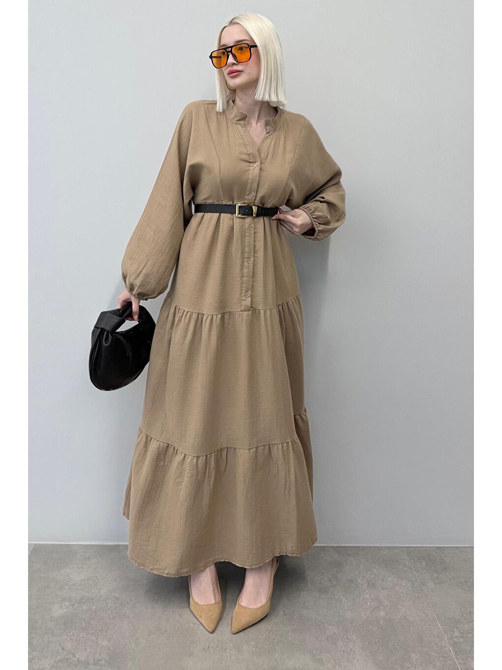 Bej Vizon Uzun Kollu Düğmeli Elbise Mg2433-2
