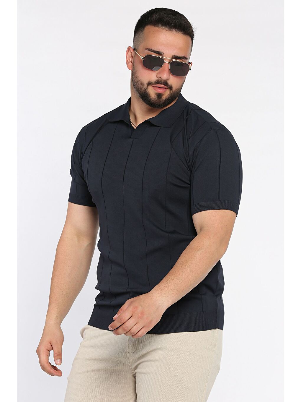 Lacivert Erkek Polo Yaka Kendinden Çizgi Desenli Tişört-1