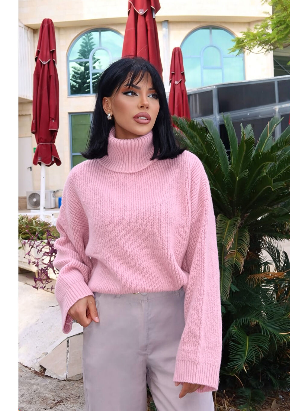 Pembe Geniş Kollu Boğazlı Triko Kazak NC-118-2