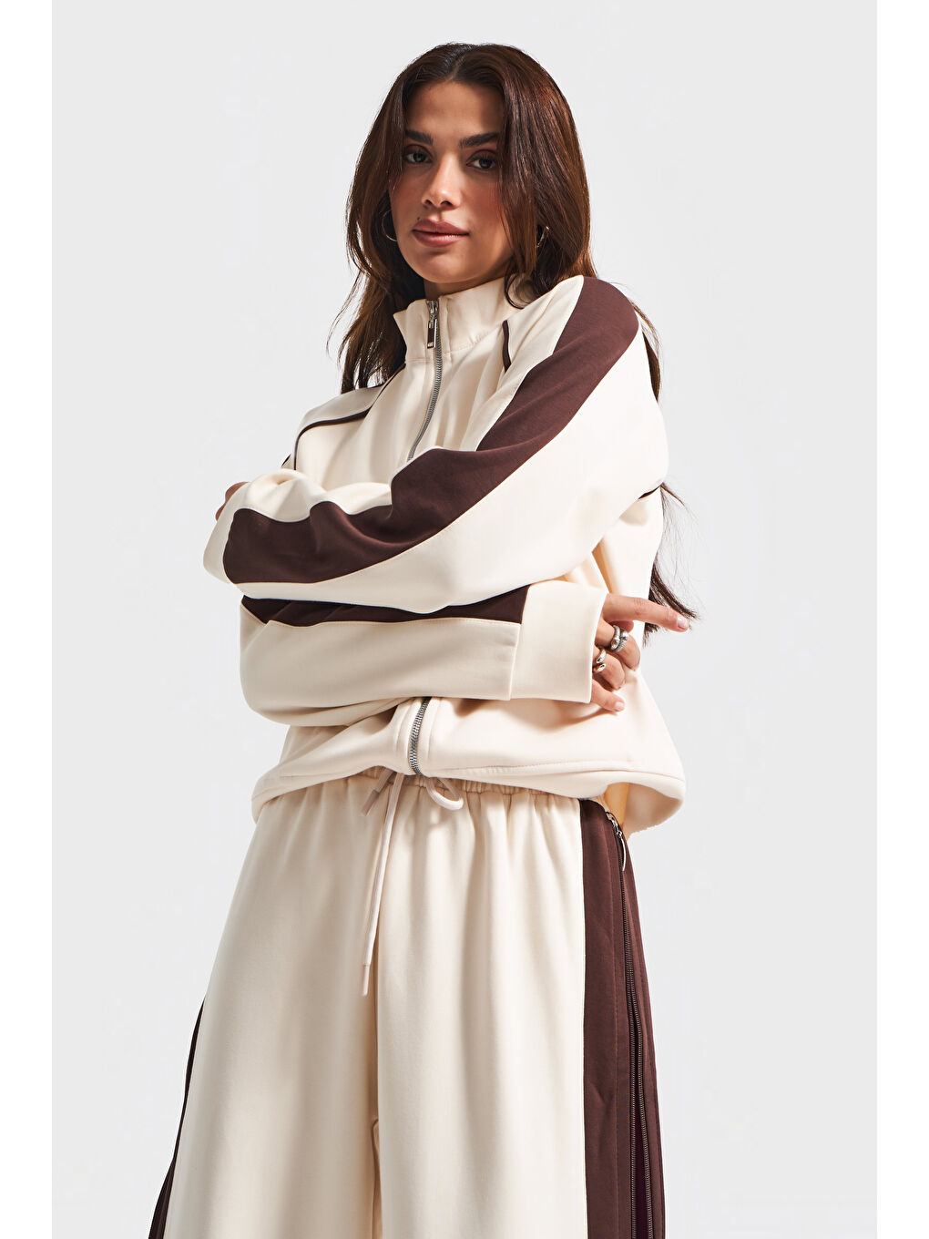 Kadın Ekru Renk w5-101 Örme Kumaş Sweatshirt Polar Alt Eşofman 2'li Kombin Tasarım Takım-2